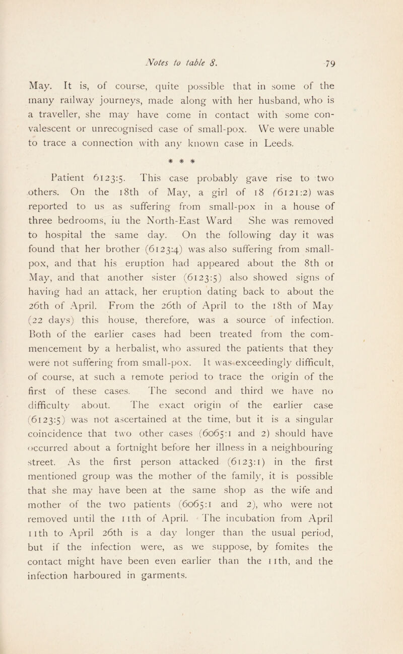 May. It is, of course, quite possible that in some of the many railway journeys, made along with her husband, who is a traveller, she may have come in contact with some con¬ valescent or unrecognised case of small-pox. VVe were unable to trace a connection with any known case in Leeds. ^ ^ Patient 6123:5. This case probably gave rise to two others. On the i8th of May, a girl of 18 f6i2i:2) was reported to us as suffering from sm.all-pox in a house of three bedrooms, iu the North-East Ward She was removed to hospital the same day. On the following day it was found that her brother (6123:4) was also suffering from small¬ pox, and that his eruption had appeared about the 8th 01 May, and that another sister (6123:5) also showed signs of having had an attack, her eruption dating back to about the 26th of April. From the 26th of April to the i8th of May (22 days) this house, therefore, was a source of infection. Both of the earlier cases had been treated from the com¬ mencement by a herbalist, who assured the patients that they were not suffering from small-pox. It was exceedingly difficult, of course, at such a remote period to trace the origin of the first of these cases. The second and third we have no difficulty about. The exact origin of the earlier case (6123:5) was not ascertained at the time, but it is a singular coincidence that two other cases (6065:1 and 2) should have occurred about a fortnight before her illness in a neighbouring street. As the first person attacked (6123:1) in the first mentioned group was the mother of the family, it is possible that she may have been at the same shop as the wife and mother of the two patients (6065:1 and 2), who were not removed until the iith of April. The incubation from April iith to April 26th is a day longer than the usual period, but if the infection were, as we suppose, by fomites the contact might have been even earlier than the iith, and the infection harboured in garments.