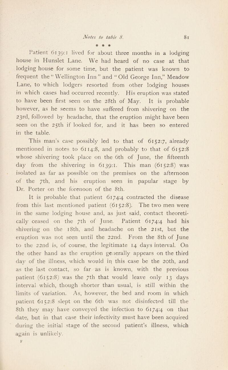 * * * Patient 6139:1 lived for about three months in a lodging house in Hunslet Lane. We had heard of no case at that lodging house for some time, but the patient was known to frequent the “ Wellington Inn” and “Old George Inn,” Meadow Lane, to which lodgers resorted from other lodging houses in which cases had occurred recently. His eruption was stated to have been first seen on the 28th of May. It is probable however, as he seems to have suffered from shivering on the 23rd, followed by headache, that the eruption might have been seen on the 25th if looked for, and it has been so entered in the table. This man’s case possibly led to that of 6152.7, already mentioned in notes to 6114:8, and probably to that of 6152:8 whose shivering took place on the 6th of June, the fifteenth day from the shivering in 6139:1. This man (6152:8) was isolated as far as possible on the premises on the afternoon of the 7th, and his eruption seen in papular stage by Dr. Porter on the forenoon of the 8th. It is probable that patient 6174:4 contracted the disease from this last mentioned patient (6152:8). The two men were in the same lodging house and, as just said, contact theoreti¬ cally ceased on the 7th of June. Patient 6174:4 had his shivering on the i8th, and headache on the 21st, but the eruption was not seen until the 22nd. P'rom the 8th of June to the 22nd is, of course, the legitimate 14 days interval. On the other hand as the eruption generally appears on the third day of the illness, which would in this case be the 20th, and as the last contact, so far as is known, with the previous patient (6152:8) was the 7th that would leave only 13 days interval which, though shorter than usual, is still within the limits of variation. As, however, the bed and room in which patient 6152:8 slept on the 6th was not disinfected till the 8th they may have conveyed the infection to 6174:4 on that date, but in that case their infectivity must have been acquired during the initial stage of the second patient’s illness, which again is unlikely. F
