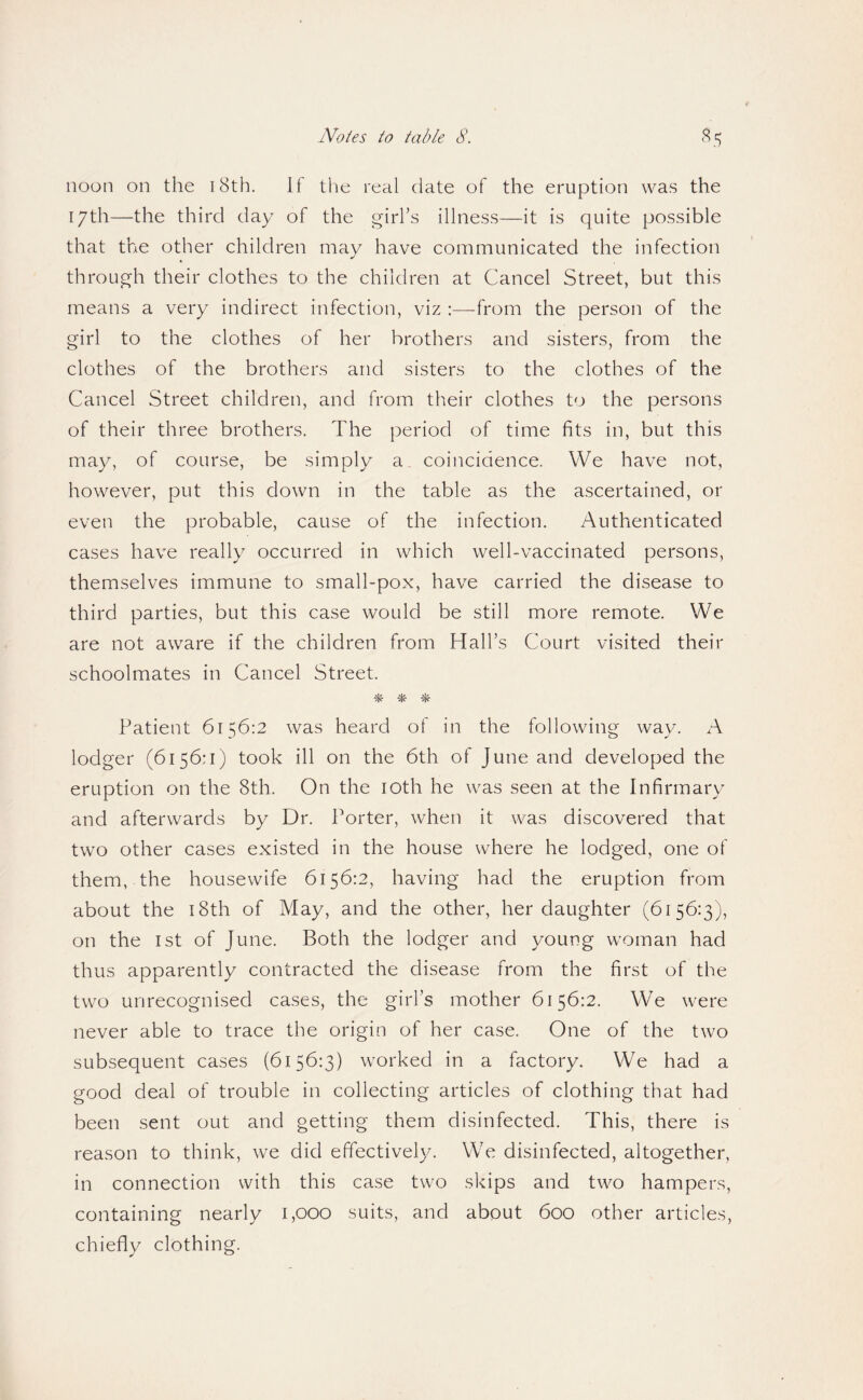 noon on the i8th. If the real date of the eruption was the 17th—the third day of the girl’s illness—it is quite possible that the other children may have communicated the infection through their clothes to the children at Cancel Street, but this means a very indirect infection, viz ;—from the person of the girl to the clothes of her brothers and sisters, from the clothes of the brothers and sisters to the clothes of the Cancel Street children, and from their clothes to the persons of their three brothers. The period of time fits in, but this may, of course, be simply a, coincidence. We have not, however, put this down in the table as the ascertained, or even the probable, cause of the infection. Authenticated cases have really occurred in which well-vaccinated persons, themselves immune to small-pox, have carried the disease to third parties, but this case would be still more remote. We are not aware if the children from Hall’s Court visited their schoolmates in Cancel Street. ■5^ * ^ Patient 6156:2 was heard of in the following way. A lodger (6156:1) took ill on the 6th of June and developed the eruption on the 8th. On the lOth he was seen at the Infirmary and afterwards by Dr. Porter, when it was discovered that two other cases existed in the house where he lodged, one of them, the housewife 6156:2, having had the eruption from about the i8th of May, and the other, her daughter (6156:3), on the 1st of June. Both the lodger and young woman had thus apparently contracted the disease from the first of the two unrecognised cases, the girl’s mother 6156:2. We were never able to trace the origin of her case. One of the two subsequent cases (6156:3) worked in a factory. We had a good deal of trouble in collecting articles of clothing that had been sent out and getting them disinfected. This, there is reason to think, we did effectively. We disinfected, altogether, in connection with this case two skips and two hampers, containing nearly 1,000 suits, and about 600 other articles, chiefly clothing.