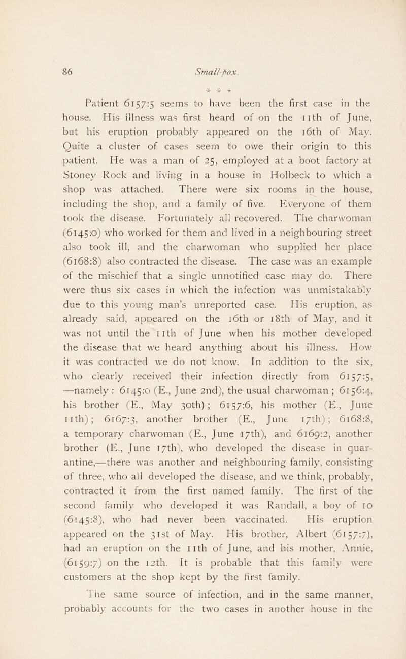 7r -k Patient 6157:5 seems to have been the first case in the house. His illness was first heard of on the iith of June, but his eruption probably appeared on the i6th of Md.y. Quite a cluster of cases seem to owe their orig-in to this patient. He was a man of 25, employed at a boot factory at Stoney Rock and living in a house in Holbeck to which a shop was attached. There were six rooms in the house, including the shop, and a family of five. Everyone of them took the disease. Fortunately all recovered. The charwoman (6145:0) who worked for them and lived in a neighbouring street also took ill, and the charwoman who supplied her place (6168:8) also contracted the disease. The case was an example of the mischief that a single unnotified case may do. There were thus six cases in which the infection was unmistakabh’ due to this young man’s unreported case. His eruption, as already said, apoeared on the i6th or i8th of May, and it was not until the iith of June when his mother developed the disease that we heard anvthing about his illness. How it was contracted we do not know. In addition to the six, who clearly received their infection directly from 6157:5, —namely : 6145:0 (E., June 2nd), the usual charwoman ; 6156:4, his brother (K., May 30th); 6157:6, his mother (E., June Iith); 6167:3, another brother (E., June 17th); 6168:8, a temporary charwoman (E., June 17th), and 6169:2, another brother (Pk, June 17th), who developed the disease in quar¬ antine,—there was another and neighbouring family, consisting of three, who all developed the disease, and we think, probably, contracted it from the first named family. The first of the second family who developed it was Randall, a boy of 10 (6145:8), who had never been vaccinated. His eruption appeared on the 31st of May. His brother, Albert (6157:7), had an eruption on the iith of June, and his mother, Annie, (6159:7) on the 12th. It is probable that this family were customers at the shop kept by the first family. d'he same source of infection, and in the same manner, probably accounts for the two cases in another house in the