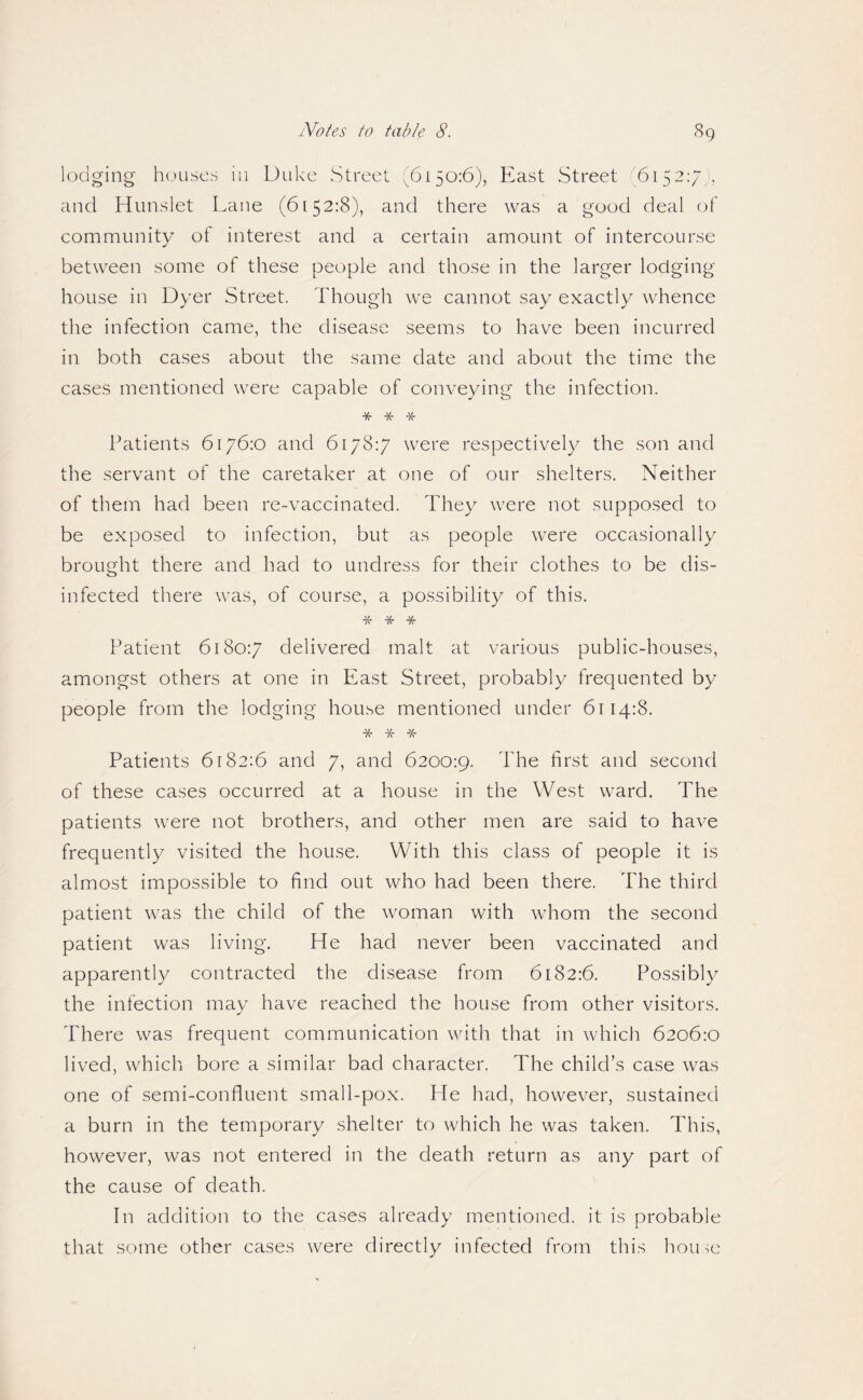lodging houses in Duke Street (6150:6), East Street '6152:7), and Hunslet Lane (6152:8), and there was a good deal of community of interest and a certain amount of intercourse between some of these people and those in the larger lodging house in Dyer Street. Though we cannot say exactly whence the infection came, the disease seems to have been incurred in both cases about the same date and about the time the cases mentioned were capable of conveying the infection. * * -K- Patients 6176:0 and 6178:7 were respectively the son and the servant of the caretaker at one of our shelters. Neither of them had been re-vaccinated. They were not supposed to be exposed to infection, but as people were occasionally brought there and had to undress for their clothes to be dis¬ infected there was, of course, a possibility of this. * * Patient 6180:7 delivered malt at various public-houses, amongst others at one in East Street, probably frequented by people from the lodging house mentioned under 6114:8. * * * Patients 6182:6 and 7, and 6200:9. first and second of these cases occurred at a house in the West ward. The patients were not brothers, and other men are said to have frequently visited the house. With this class of people it is almost impossible to find out who had been there. The third patient was the child of the woman with whom the second patient was living. He had never been vaccinated and apparently contracted the disease from 6182:6. Possibly the infection may have reached the house from other visitors. There was frequent communication with that in which 6206:0 lived, whichi bore a similar bad character. The child’s case was one of semi-confluent small-pox. He had, however, sustained a burn in the temporary shelter to which he was taken. This, however, was not entered in the death return as any part of the cause of death. In addition to the cases already mentioned, it is probable that some other cases were directly infected from this home