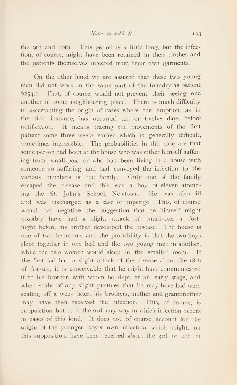 the 9th and loth. This period is a little long, but the infec¬ tion, of course, might have been retained in their clothes and the patients themselves infected from their own garments. On the other hand we are assured that these two young men did not work in the same oart of the foundry as patient 6254:1. That, of course, would not prevent their seeing one another in some neighbouring place. There is much difficulty in ascertaining the origin of cases where the eruption, as in the first instance, has occurred ten or twelve days before notification. It means tracing the movements of the first patient some three weeks earlier which is generally difficult, sometimes impossible. The probabilities in this case are that some person had been at the house who was either himself suffer¬ ing from small-pox, or who had been living in a house with someone so suffering and had conveyed the infection to the various members of the family. Only one of the family- escaped the disease and this was a boy of eleven attend¬ ing the St. John’s School, Newtown. He was also ill and was discharged as a case of impetigo. This, of course would not negative the suggestion that he himself might possibly have had a slight attack of small-pox a fort¬ night before his brother developed the disease. The house is one of two bedrooms and the probability is that the two boys slept together in one bed and the two 3^oung men in another, while the two women would sleep in the smaller room. If the first lad had a slight attack of the disease about the i8th of August, it is conceivable that he might have communicated it to his brother, with whom he slept, at an early stage, and when scabs of any slight pustules that he may have had were scaling off a week later, his brothers, mother and grandmother may have then received the infection. This, of course, is supposition but it is the ordinaiy way in which infection occurs in cases of this kind. It does not, of course, account for the origin of the younger boy’s own infection which might, on this supposition, have been received about the 3rd or 4th of