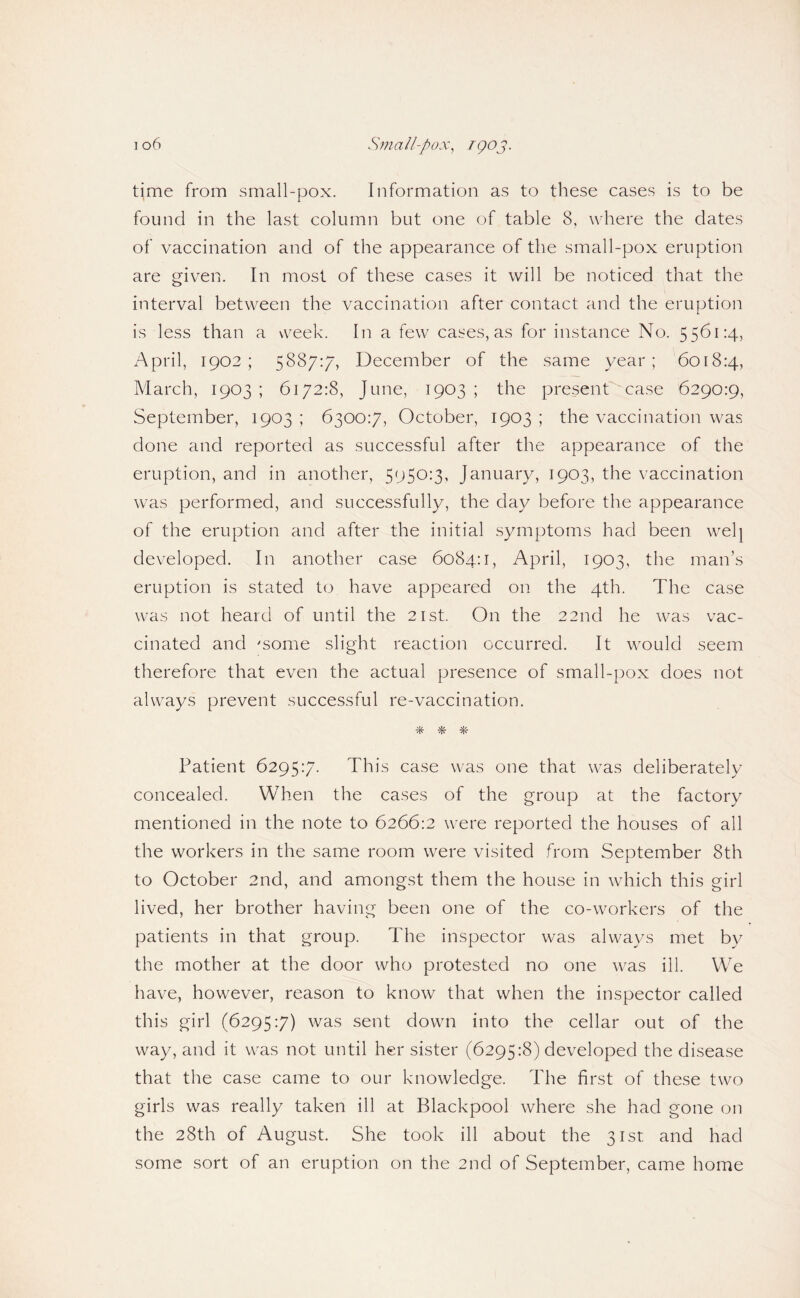 time from small-pox. Information as to these cases is to be found in the last column but one of table 8, where the dates of vaccination and of the appearance of the small-pox eruption are given. In most of these cases it will be noticed that the interval between the vaccination after contact and the eruption is less than a week. In a few cases, as for instance No. 5561:4, April, 1902; 5887:7, December of the same year; 6018:4, March, 1903 ; 6172:8, June, 1903 ; the present case 6290:9, September, 1903 ; 6300:7, October, 1903 ; the vaccination was done and reported as successful after the appearance of the eruption, and in another, 5950:3, January, 1903, the vaccination was performed, and successfully, the day before the appearance of the eruption and after the initial symptoms had been welj developed. In another case 6084:1, April, 1903, the man’s eruption is stated to have appeared on the 4th. The case was not heard of until the 21st. On the 22nd he was vac¬ cinated and 'some slight reaction occurred. It would seem therefore that even the actual presence of small-pox does not always prevent successful re-vaccination. Patient 6295:7. This case was one that was deliberately concealed. When the cases of the group at the factory mentioned in the note to 6266:2 were reported the houses of all the workers in the same room were visited from September 8th to October 2nd, and amongst them the house in which this girl lived, her brother having been one of the co-workers of the patients in that group. The inspector was always met by the mother at the door who protested no one \vas ill. We have, however, reason to know that when the inspector called this girl (6295:7) was sent down into the cellar out of the way, and it was not until her sister (6295:8) developed the disease that the case came to our knowledge. The first of these two girls was really taken ill at Blackpool where she had gone on the 28th of August. She took ill about the 31st and had some sort of an eruption on the 2nd of September, came home
