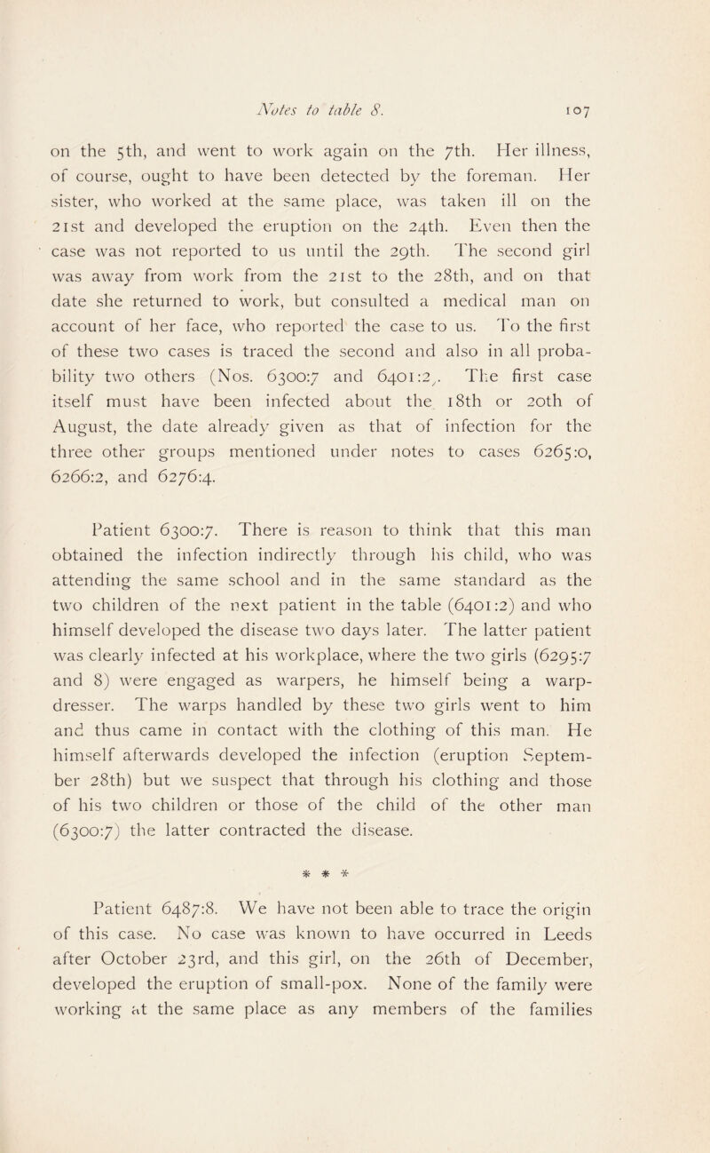 on the 5th, and went to work again on the 7th. Her illness, of course, ought to have been detected by the foreman. Her sister, who worked at the same place, was taken ill on the 21 St and developed the eruption on the 24th. Even then the case was not reported to us until the 29th. The second girl was away from work from the 21st to the 28th, and on that date she returned to work, but consulted a medical man on account of her face, who reported the case to us. To the first of these two cases is traced the second and also in all proba¬ bility two others (Nos. 6300:7 and 6401:2^. Tlie first case itself must have been infected about the i8th or 20th of August, the date already given as that of infection for the three other groups mentioned under notes to cases 6265:0, 6266:2, and 6276:4. Patient 6300:7. There is reason to think that this man obtained the infection indirectly through his child, who was attending the samie school and in the same standard as the two children of the next patient in the table (6401:2) and who himself developed the disease two days later. The latter patient was clearly infected at his workplace, where the two girls (6295:7 and 8) were engaged as warpers, he himself being a warp- dresser. The warps handled by these two girls went to him and thus came in contact with the clothing of this man. He himself afterwards developed the infection (eruption Septem¬ ber 28th) but we suspect that through his clothing and those of his two children or those of the child of the other man (6300:7) the latter contracted the disease. * * Patient 6487:8. We have not been able to trace the origin of this case. No case was known to have occurred in Leeds after October 23rd, and this girl, on the 26th of December, developed the eruption of small-pox. None of the family were working at the same place as any members of the families