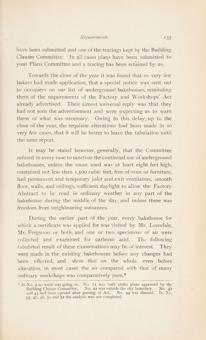 have been submitted and one of the tracings kept by the Building Clauses Committee. In all cases plans have been submitted to your Plans Committee and a tracing has been retained by us. Towards the close of the year it was found that so very few bakers had made application, that a special notice was sent out to occupiers on our list of underground bakehouses, reminding them of the requirements of the Factory and Workshops’ Act already advertised. Their almost universal reply was that they had not seen the advertisement and were expecting us to warn them of what was necessary. Owing to this delay, up to the close of the year, the requisite alterations had been made in so very few cases, that it will be better to leave the tabulation until the next report. It may be stated however, generally, that the Committee refused in ever}/ case to sanction the continued use of underground bakehouses, unless the room used was at least eight feet high, contained not less than 1,500 cubic feet, free of oven or furniture, had permanent and temporar}/ inlet and exit ventilators, smooth floor, walls, and ceilings, sufficient daylight to allow the Factory Abstract to be read in ordinary weather in any part of the bakehouse during the middle of the day, and unless there was freedom from neighbouring nuisances. During the earlier part of the year, every bakehouse for which a certificate was applied for was visited by Mr. Lonsdale, Mr. Ferguson, or both, and one or two specimens of air were collected and examined for carbonic acid. The following tabulated result of these examinations may be of interest. They were made in the existing bakehouses before any changes had been effected, and show that on the whole, even before alteration, in most cases the air compared with that of many ordinary workshops was comparatively pure.* * In No. 2 no work was going on. No. I2 was built under plans approved by the Building Clauses Committee. No. 22 was outside the city boundary. No. 42 and 43 had been opened after passing of Act. No. 44 was disused. In No. 45, 47, 48, 50 and 52 the analysis was not completed.