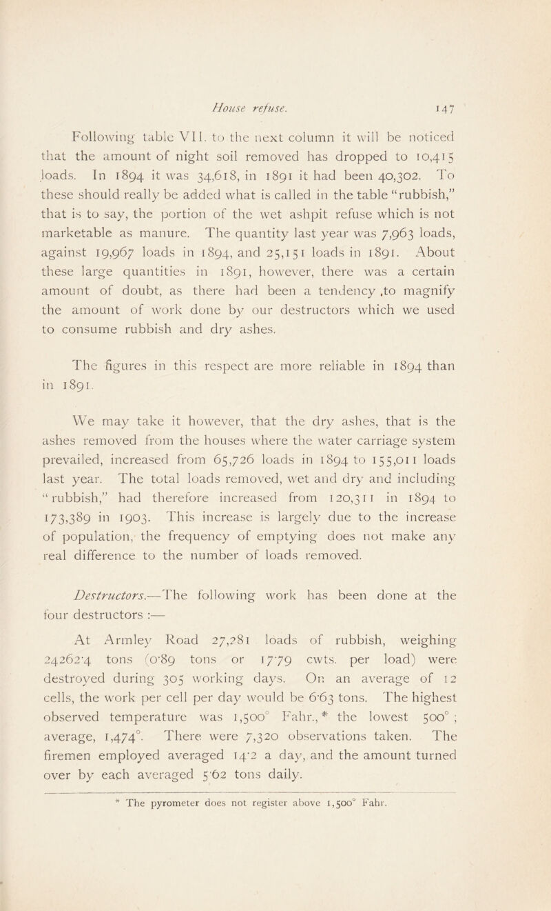 Following table VII. to the next column it will be noticed that the amount of night soil removed has dropped to 10,4.15 loads. In 1894 it was 34,618, in 1891 it had been 40,302. To these should really be added what is called in the table “rubbish,’' that is to say, the portion of the wet ashpit refuse which is not marketable as manure. The quantity last year was 7,963 loads, against 19,967 loads in 1894, ^.nd 25,151 loads in 1891. x^bout these large quantities in 1891, however, there was a certain amount of doubt, as there had been a tendency .to magnify the amount of work done by our destructors which we used to consume rubbish and dry ashes. The figures in this respect are more reliable in 1894 than in 1891. We may take it however, that the dry ashes, that is the ashes removed from the houses where the water carriage system prevailed, increased from 65,726 loads in 1894 to 155,011 loads last year. The total loads removed, wet and dry and including “rubbish,” had therefore increased from 120,311 in 1894 to 173,389 in 1903. This increase is largely due to the increase of population, the frequency of emptying does not make any real difference to the number of loads removed. Destructors.—The following work has been done at the four destructors :— At x'^rmley Road 27,281 loads of rubbish, weighing 24262'4 tons <'o'Sg tons or 1779 cwts. per load) were destroyed during 305 working days. On an average of 12 cells, the work per cell per day would be 6^63 tons. The highest observed temperature was 1,500° Fahr., * the lowest 500°; average, 1,474°- There were 7,320 observations taken. The firemen employed averaged I4‘2 a day, and the amount turned over by each averaged 5‘62 tons daily.