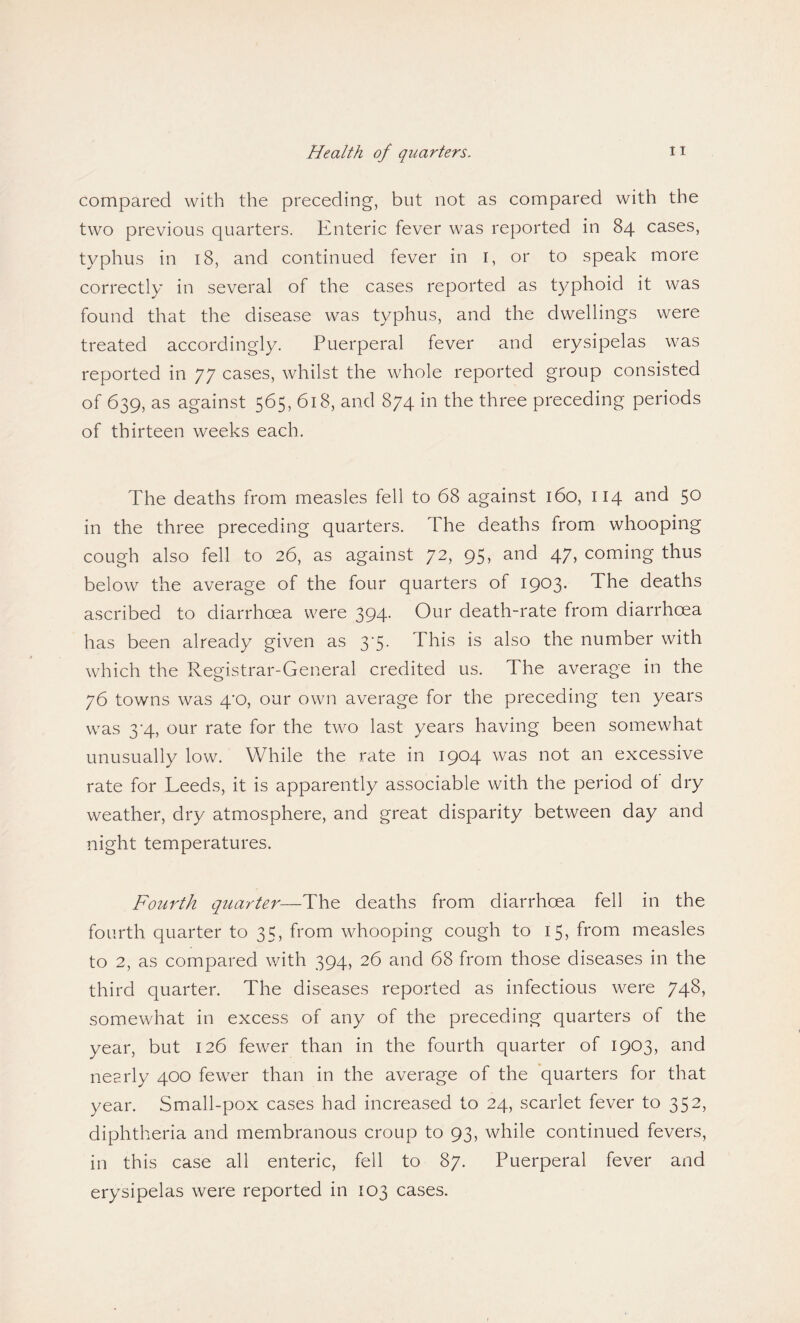 compared with the preceding, but not as compared with the two previous quarters. Enteric fever was reported in 84 cases, typhus in 18, and continued fever in 1, or to speak more correctly in several of the cases reported as typhoid it was found that the disease was typhus, and the dwellings were treated accordingly. Puerperal fever and erysipelas was reported in 77 cases, whilst the whole reported group consisted of 639, as against 565, 618, and 874 in the three preceding periods of thirteen weeks each. The deaths from measles fell to 68 against 160, 114 and 50 in the three preceding quarters. The deaths from whooping cough also fell to 26, as against 72, 95, and 47, coming thus below the average of the four quarters of 1903. The deaths ascribed to diarrhoea were 394. Our death-rate from diarrhoea has been already given as 3-5. This is also the number with which the Registrar-General credited us. The average in the 76 towns was 4’0, our own average for the preceding ten years was 3‘4, our rate for the two last years having been somewhat unusually low. While the rate in 1904 was not an excessive rate for Leeds, it is apparently associable with the period of dry weather, dry atmosphere, and great disparity between day and night temperatures. Fourth quarter—The deaths from diarrhoea fell in the fourth quarter to 35, from whooping cough to 15, from measles to 2, as compared with 394, 26 and 68 from those diseases in the third quarter. The diseases reported as infectious were 748, somewhat in excess of any of the preceding quarters of the year, but 126 fewer than in the fourth quarter of 1903, and nearly 400 fewer than in the average of the quarters for that year. Small-pox cases had increased to 24, scarlet fever to 352, diphtheria and membranous croup to 93, while continued fevers, in this case all enteric, fell to 87. Puerperal fever and erysipelas were reported in 103 cases.