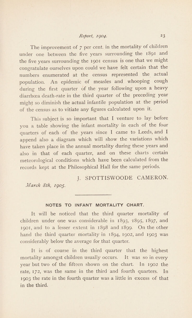 The improvement of 7 Per cent, in the mortality of children under one between the five years surrounding the 1891 and the five years surrounding the 1901 census is one that we might congratulate ourselves upon could we have felt certain that the numbers enumerated at the census represented the actual population. An epidemic of measles and whooping cough during the first quarter of the year following upon a heavy diarrhoea death-rate in the third quarter of the preceding year might so diminish the actual infantile population at the period of the census as to vitiate any figures calculated upon it. This subject is so important that I venture to lay before you a table showing the infant mortality in each of the four quarters of each of the years since I came to Leeds, and I append also a diagram which will show the variations which have taken place in the annual mortality during these years and also in that of each quarter, and on these charts certain meteorological conditions which have been calculated from the records kept at the Philosophical Hall for the same periods. J. SPOTTISWOODE CAMERON. March 8th, 7905. NOTES TO INFANT MORTALITY CHART. It will be noticed that the third quarter mortality of children under one was considerable in 1893, 1895, 1897, and 1901, and to a lesser extent in 1898 and 1899. On the other hand the third quarter mortality in 1894, 1902, and 1903 was considerably below the average for that quarter. It is of course in the third quarter that the highest mortality amongst children usually occurs. It was so in every year but two of the fifteen shown on the chart. In 1902 the rate, 172, was the same in the third and fourth quarters. In 1903 the rate in the fourth quarter was a little in excess of that in the third.