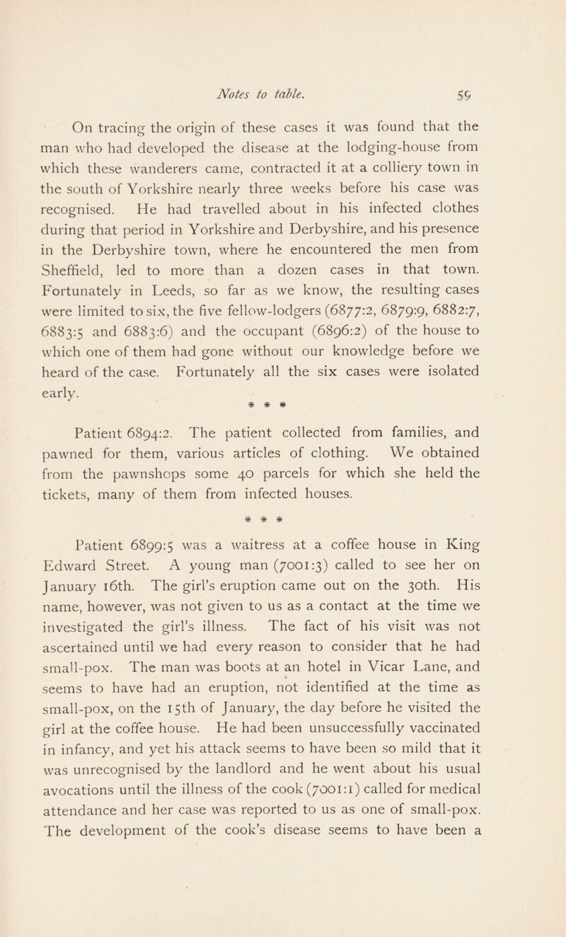 On tracing the origin of these cases it was found that the man who had developed the disease at the lodging-house from which these wanderers came, contracted it at a colliery town in the south of Yorkshire nearly three weeks before his case was recognised. He had travelled about in his infected clothes during that period in Yorkshire and Derbyshire, and his presence in the Derbyshire town, where he encountered the men from Sheffield, led to more than a dozen cases in that town. Fortunately in Leeds, so far as we know, the resulting cases were limited to six, the five fellow-lodgers (6877:2, 6879:9, 6882:7, 6883:5 and 6883:6) and the occupant (6896:2) of the house to which one of them had gone without our knowledge before we heard of the case. Fortunately all the six cases were isolated early. * * * Patient 6894:2. The patient collected from families, and pawned for them, various articles of clothing. We obtained from the pawnshops some 40 parcels for which she held the tickets, many of them from infected houses. * * * Patient 6899:5 was a waitress at a coffee house in King Edward Street. A young man (7001:3) called to see her on January 16th. The girl’s eruption came out on the 30th. His name, however, was not given to us as a contact at the time we investigated the girl’s illness. The fact of his visit was not ascertained until we had every reason to consider that he had small-pox. The man was boots at an hotel in Vicar Lane, and seems to have had an eruption, not identified at the time as small-pox, on the 15th of January, the day before he visited the girl at the coffee house. He had been unsuccessfully vaccinated in infancy, and yet his attack seems to have been so mild that it was unrecognised by the landlord and he went about his usual avocations until the illness of the cook (7001:1) called for medical attendance and her case was reported to us as one of small-pox. The development of the cook’s disease seems to have been a