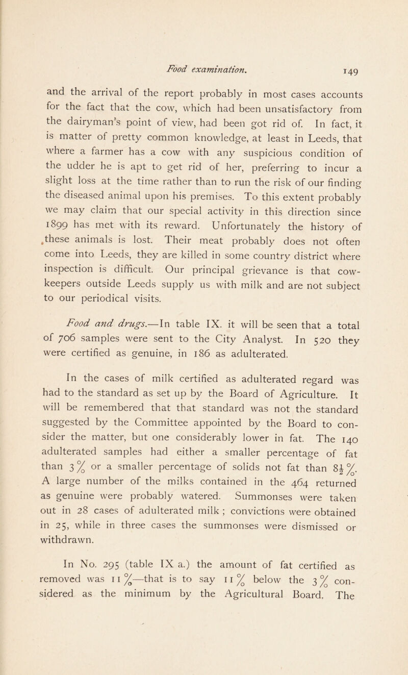 Food examination. and the arrival of the report probably in most cases accounts foi the fact that the cow, which had been unsatisfactory from the dairyman s point of view, had been got rid of. In fact, it is matter of pretty common knowledge, at least in Leeds, that where a farmer has a cow with any suspicious condition of the udder he is apt to get rid of her, preferring to incur a slight loss at the time rather than to run the risk of our finding the diseased animal upon his premises. To this extent probably we may claim that our special activity in this direction since 1899 has met with its reward. Unfortunately the history of #these animals is lost. Their meat probably does not often come into Leeds, they are killed in some country district where inspection is difficult. Our principal grievance is that cow- keepers outside Leeds supply us with milk and are not subject to our periodical visits. Food and drugs.—In table IX. it will be seen that a total of 706 samples were sent to the City Analyst. In 520 they were certified as genuine, in 186 as adulterated. In the cases of milk certified as adulterated regard was had to the standard as set up by the Board of Agriculture. It will be remembered that that standard was not the standard suggested by the Committee appointed by the Board to con¬ sider the matter, but one considerably lower in fat. The 140 adulterated samples had either a smaller percentage of fat than 3% or a smaller percentage of solids not fat than S\/. A large number of the milks contained in the 464 returned as genuine were probably watered. Summonses were taken out in 28 cases of adulterated milk ; convictions were obtained in 25, while in three cases the summonses were dismissed or withdrawn. In No. 295 (table IX a.) the amount of fat certified as removed was 11 °/o—that is to say 11 °/Q below the 3 con¬ sidered as the minimum by the Agricultural Board. The