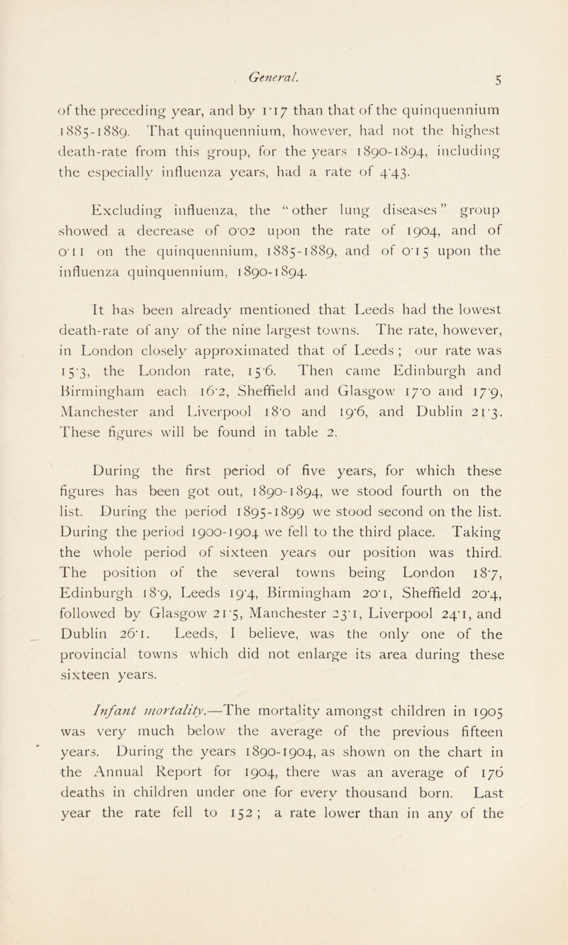 of the preceding year, and by ri/ than that of the quinquennium 1885-1889. That quinquennium, however, had not the highest death-rate from this group, for the years 1890-1894, including the especially influenza years, had a rate of 4‘43. Excluding influenza, the “ other lung diseases ” group showed a decrease of 0'02 u})on the rate of 1904, and of O'li on the quinquennium, 1885-1889, and of 0'I5 upon the influenza quinquennium, 1890-1894. It has been already mentioned that Leeds had the lowest death-rate of any of the nine largest towns. The rate, however, in London closely approximated that of Leeds ; our rate was I5‘3, the London rate, I5'6. Then came Edinburgh and Birmingham each i6'2, Sheffleld and Glasgow \]'0 and I7'9, Manchester and Liverpool i8'0 and I9'6, and Dublin 2r3. These flgures will be found in table 2. During the first period of five years, for which these figures has been got out, 1890-1894, we stood fourth on the list. During the period 1895-1899 we stood second on the list. During the period 1900-1904 we fell to the third place. Taking the whole period of sixteen years our position was third. The position of the several towns being London 187, Edinburgh i8'9, Leeds 19*4, Birmingham 20'i, Sheffield 20'4, followed by Glasgow 2r5, Manchester 23'i, Liverpool 24'i, and Dublin 26'I. Leeds, I believe, was the only one of the provincial towns which did not enlarge its area during these sixteen years. Infant mortality.—The mortality amongst children in 1905 was very much below the average of the previous fifteen years. During the years 1890-1904, as shown on the chart in the Annual Report for 1904, there was an average of 176 deaths in children under one for every thousand born. Last year the rate fell to 152; a rate lower than in any of the