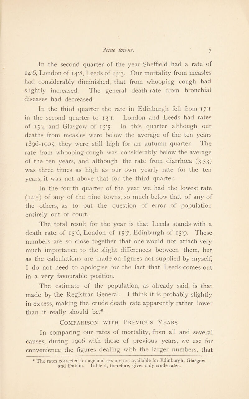 In the second quarter of the year Sheffield had a rate of I4'6, London of 14*8, Leeds of 15*3. Our mortality from measles had considerably diminished, that from whooping cough had slightly increased. The general death-rate from bronchial diseases had decreased. In the third quarter the rate in Edinburgh fell from 171 in the second quarter to 13*1. London and Leeds had rates of 15-4 and Glasgow of 15*5. In this quarter although our deaths from measles were below the average of the ten years 1896-1905, they were still high for an autumn quarter. The rate from whooping-cough was considerably below the average of the ten years, and although the rate from diarrhoea C3*33) was three times as high as our own yearly rate for the ten years, it was not above that for the third quarter. In the fourth quarter of the year we had the lowest rate (14-5) of any of the nine towns, so much below that of any of the others, as to put the question of error of population entirely out of court. The total result for the year is that Leeds stands with a death rate of 15 6, London of 157, Edinburgh of 15*9. These numbers are so close together that one would not attach very much importance to the slight differences between them, but as the calculations are made on figures not supplied by myself, I do not need to apologise for the fact that Leeds comes out in a very favourable position. The estimate of the population, as already said, is that made by the Registrar General. I think it is probably slightly in excess, making the crude death rate apparently rather lower than it really should be.* Comparison with Previous Years. In comparing our rates of mortality, from all and several causes, during 1906 with those of previous years, we use for convenience the figures dealing with the larger numbers, that * The rates corrected for age and sex are not available for Edinburgh, Glasgow and Dublin. Table 2, therefore, gives only crude rates.