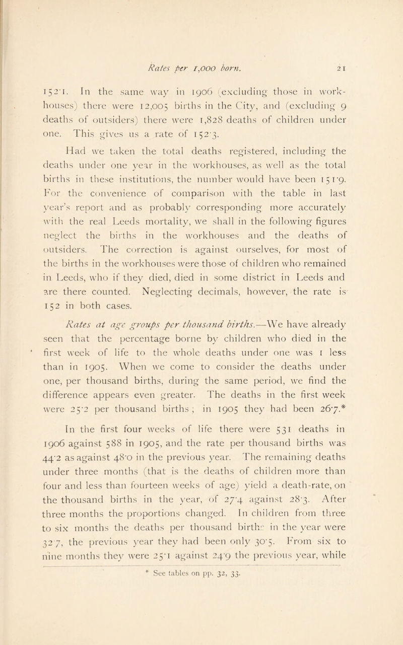 152'i. In the same way in 1906 (excluding those in work- houses) there were 12,005 births in the City, and (excluding 9 deaths of outsiders) there were 1,828 deaths of children under one. This gives us a rate of 152-3. Had we taken the total deaths registered, including the deaths under one year in the workhouses, as well as the total births in these institutions, the number would have been 15 1 '9. For the convenience of comparison with the table in last year’s report and as probably corresponding more accurately with the real Leeds mortality, we shall in the following figures neglect the births in the workhouses and the deaths of outsiders. The correction is against ourselves, for most of the births in the workhouses were those of children who remained in Leeds, who if they died, died in some district in Leeds and are there counted. Neglecting decimals, however, the rate is 152 in both cases. Rates at age groups per thousand births.—We have already seen that the percentage borne by children who died in the first week of life to the whole deaths under one was 1 less than in 1905. When we come to consider the deaths under one, per thousand births, during the same period, we find the difference appears even greater. 'The deaths in the first week were 25-2 per thousand births ; in 1905 they had been 267.* In the first four weeks of life there were 531 deaths in 1906 against 588 in 1905, and the rate per thousand births was 44-2 as against 48-0 in the previous year. The remaining deaths under three months (that is the deaths of children more than four and less than fourteen weeks of age) yield a death-rate, on the thousand births in the year, of 27-4 against 28-3. After three months the proportions changed. In children from three to six months the deaths per thousand births in the year were 327, the previous year they had been only 30-5. From six to nine months they were 25*1 against 24-9 the previous year, while See tables on pp. 32, 33.