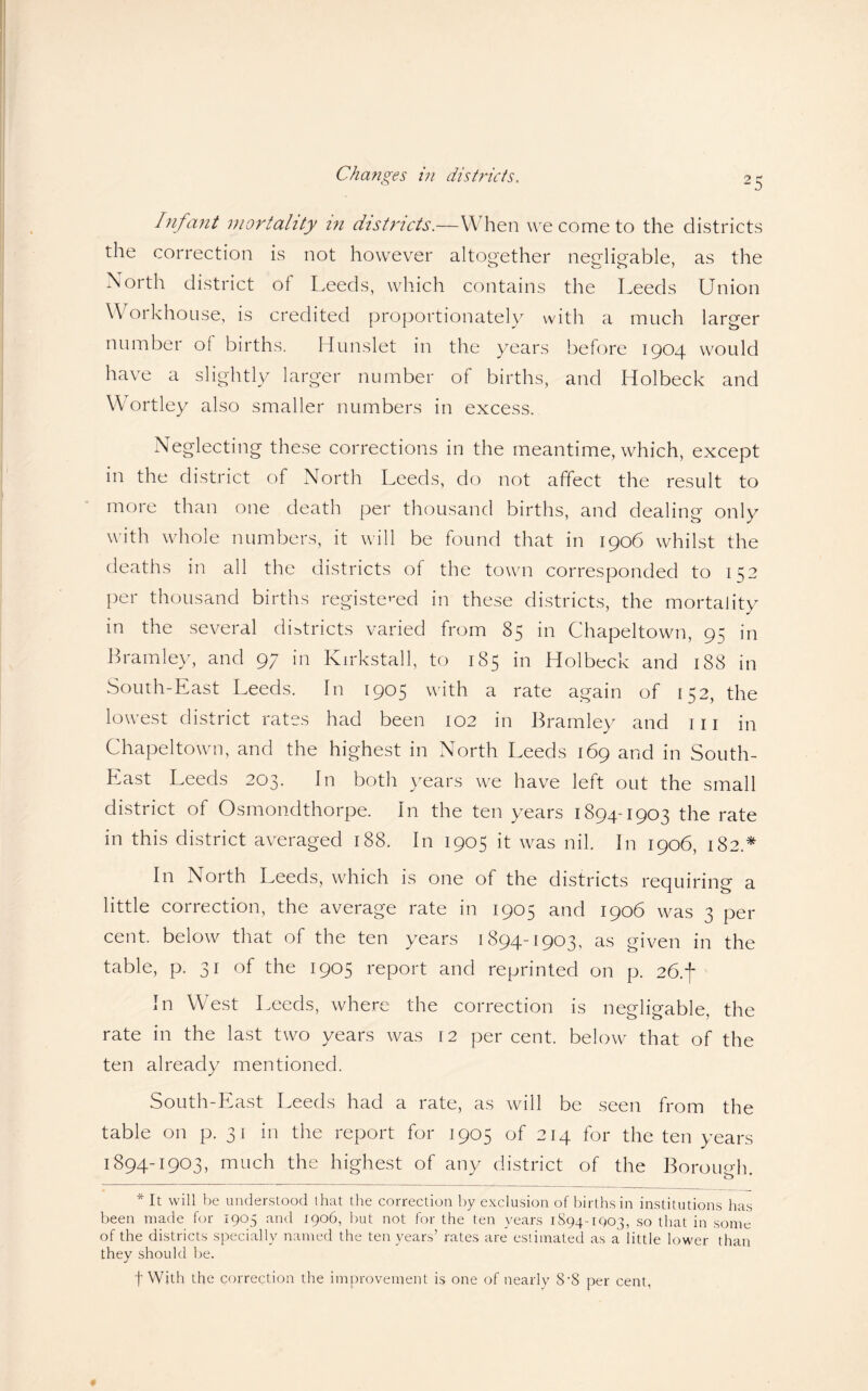 Changes in districts. Infant mortality in districts.—When we come to the districts the correction is not however altogether negligable, as the North district of Leeds, which contains the Leeds Union \\ orkhouse, is credited proportionately with a much larger number of births. Hunslet in the years before 1904 would have a slightly larger number of births, and Holbeck and Wortley also smaller numbers in excess. Neglecting these corrections in the meantime, which, except in the district of North Leeds, do not affect the result to more than one death per thousand births, and dealing only with whole numbers, it will be found that in 1906 whilst the deaths in all the districts of the town corresponded to 152 per thousand births registered in these districts, the mortality in the several districts varied from 85 in Chapeltown, 9^ in Bramley, and 97 in Kirkstall, to 185 in Holbeck and 188 in South-East Leeds. In 1905 with a rate again of 152, the lowest district rates had been 102 in Bramley and in in Chapeltown, and the highest in North Leeds 169 and in South- East Leeds 203. In both years we have left out the small district of Osmondthorpe. In the ten years 1894-1903 the rate in this district averaged 188. In 1905 it was nil. In 1906, 182.* In North Leeds, which is one of the districts requiring a little correction, the average rate in 1905 and 1906 was 3 per cent, below that of the ten years 1894-1903, as given in the table, p. 31 of the 1905 report and reprinted on p. 26.f In West Leeds, where the correction is negligable. the rate in the last two years was 12 per cent, below that of the ten already mentioned. South-East Leeds had a rate, as will be seen from the table on p. 31 in the report for 1905 of 214 for the ten years 1894-1903, much the highest of any district of the Borough. * It will be understood that the correction by exclusion of births in institutions has been made for 1905 and 1906, but not for the ten years 1S94-IQ03, so that in some of the districts specially named the ten years’ rates are estimated as a little lower than they should be. f With the correction the improvement is one of nearly 8-8 per cent.
