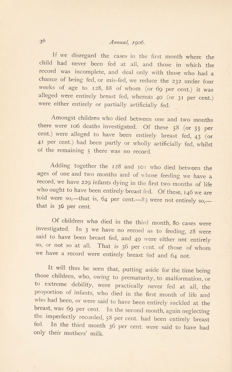 if we disregard the cases in the first month where the child had never been fed at all, and those in which the record was incomplete, and deal only with those who had a chance of being fed, or mis-fed, we reduce the 232 under four weeks of age to 128, 88 of whom (or 69 per cent) it was alleged were entirely breast fed, whereas 40 (or 31 per cent.) were either entirely or partially artificially fed. Amongst children who died between one and two months there were 106 deaths investigated. Of these 58 (or 55 per cent.) were alleged to have been entirely breast fed, 43 (or 41 per cent.) had been partly or wholly artificially fed, whilst of the remaining 5 there was no record. Adding together the 128 and 101 who died between the ages of one and two months and of whose feeding we have a record, we have 229 infants dying in the first two months of life who ought to have been entirely breast fed. Of these, 146 we are told were so,—that is, 64 per cent.—83 were not entirely so, that is 36 per cent. Of children who died in the third month, 80 cases were investigated. In 3 we have no record as to feeding, 28 were said to have been breast fed, and 49 were either not entirely so, or not so at all. That is 36 per cent, of those of whom we have a record were entirely breast fed and 64 not. It will thus be seen that, putting aside for the time being those children, who, owing to prematurity, to malformation, or to extreme debility, were practically never fed at all, the proportion of infants, who died in the first month of life and who had been, or were said to have been entirely suckled at the breast, was 69 per cent. In the second month, again neglecting the imperfectly recorded, 58 per cent, had been entirely breast fed. In the third month 36 per cent, were said to have had only their mothers’ milk.