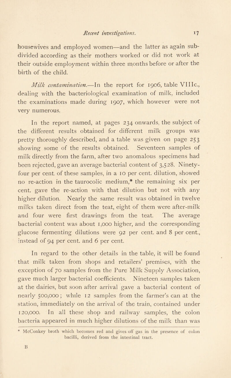 housewives and employed women—and the latter as again sub¬ divided according as their mothers worked or did not work at their outside employment within three months before or after the birth of the child. Milk contamination.—In the report for 1906, table VIlie., dealing with the bacteriological examination of milk, included the examinations made during 1907, which however were not very numerous. In the report named, at pages 234 onwards, the subject of the different results obtained for different milk groups was pretty thoroughly described, and a table was given on page 253 showing some of the results obtained. Seventeen samples of milk directly from the farm, after two anomalous specimens had been rejected, gave an average bacterial content of 3,528. Ninety- four per cent, of these samples, in a 10 per cent, dilution, showed no re-action in the taurocolic medium,* the remaining six per cent, gave the re-action with that dilution but not with any higher dilution. Nearly the same result was obtained in twelve milks taken direct from the teat, eight of them were after-milk and four were first drawings from the teat. The average bacterial content was about 1,000 higher, and the corresponding glucose fermenting dilutions were 92 per cent, and 8 per cent., instead of 94 per cent, and 6 per cent. In regard to the other details in the table, it will be found that milk taken from shops and retailers' premises, with the exception of 70 samples from the Pure Milk Sup{)ly Association, gave much larger bacterial coefficients. Nineteen samples taken at the dairies, but soon after arrival gave a bacterial content of nearly 500,000; while 12 samples from the farmer’s can at the station, immediately on the arrival of the train, contained under 120,000. In all these shop and railway samples, the colon bacteria appeared in much higher dilutions of the milk than was * McConkey broth which becomes red and gives off gas in the presence of colon bacilli, derived from the intestinal tract. E