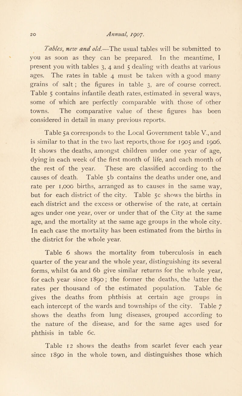 Tables^ new and old.—The usual tables will be submitted to you as soon as they can be prepared. In the meantime, I present you with tables 3, 4 and 5 dealing with deaths at various ages. The rates in table 4 must be taken with a good many grains of salt; the figures in table 3, are of course correct. Table 5 contains infantile death rates, estimated in ^veral ways, some of which are perfectly comparable with those of other towns. The comparative value of these figures has been considered in detail in many previous reports. Table 5a corresponds to the Local Government table V., and is similar to that in the two last reports, those for 1905 and 1906. It shows the deaths, amongst children under one year of age, dying in each week of the first month of life, and each month of the rest of the year. These are classified according to the causes of death. Table 5b contains the deaths under one, and rate per 1,000 births, arranged as to causes in the same way, but for each district of the city. Table 5c shows the births in each district and the excess or otherwise of the rate, at certain ages under one year, over or under that of the City at the same age, and the mortality at the same age groups in the whole city. In each case the mortality has been estimated from the births in the district for the whole year. Table 6 shows the mortality from tuberculosis in each quarter of the year and the whole year, distinguishing its several forms, whilst 6a and 6b give similar returns for the whole year, for each year since 1890; the former the deaths, the latter the rates per thousand of the estimated population. Table 6c gives the deaths from phthisis at certain age groups in each intercept of the wards and townships of the city. Table 7 shows the deaths from lung diseases, grouped according to the nature of the disease, and for the same ages used for phthisis in table 6c. Table 12 shows the deaths from scarlet fever each year since 1890 in the whole town, and distinguishes those which
