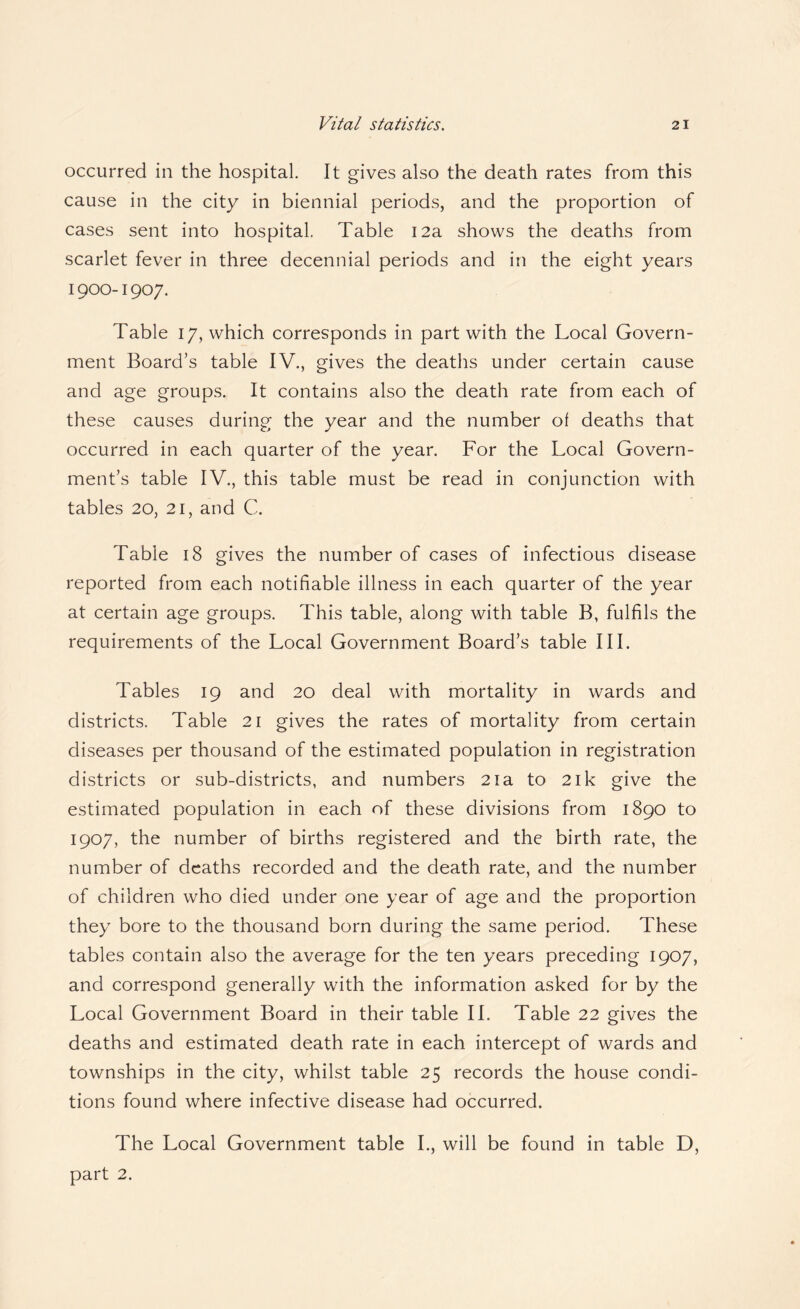 occurred in the hospital. It gives also the death rates from this cause in the city in biennial periods, and the proportion of cases sent into hospital. Table I2a shows the deaths from scarlet fever in three decennial periods and in the eight years 1900-1907. Table 17, which corresponds in part with the Local Govern¬ ment Board’s table IV., gives the deaths under certain cause and age groups. It contains also the death rate from each of these causes during the year and the number of deaths that occurred in each quarter of the year. For the Local Govern¬ ment’s table IV., this table must be read in conjunction with tables 20, 21, and C. Table 18 gives the number of cases of infectious disease reported from each notifiable illness in each quarter of the year at certain age groups. This table, along with table B, fulfils the requirements of the Local Government Board’s table III. Tables 19 and 20 deal with mortality in wards and districts. Table 21 gives the rates of mortality from certain diseases per thousand of the estimated population in registration districts or sub-districts, and numbers 21a to 21k give the estimated population in each of these divisions from 1890 to 1907, the number of births registered and the birth rate, the number of deaths recorded and the death rate, and the number of children who died under one year of age and the proportion they bore to the thousand born during the same period. These tables contain also the average for the ten years preceding 1907, and correspond generally with the information asked for by the Local Government Board in their table II. Table 22 gives the deaths and estimated death rate in each intercept of wards and townships in the city, whilst table 25 records the house condi¬ tions found where infective disease had occurred. The Local Government table I., will be found in table D, part 2.