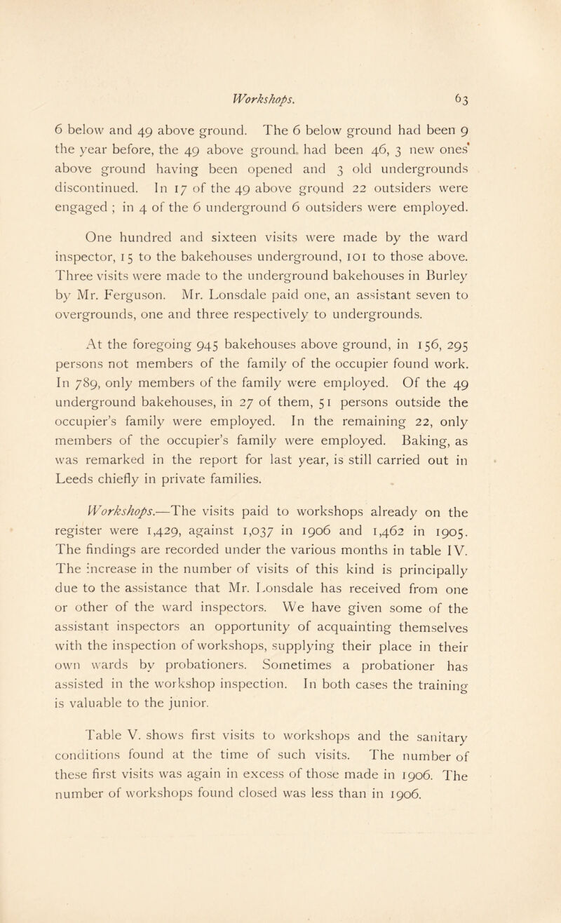 6 below and 49 above ground. The 6 below ground had been 9 the year before, the 49 above ground had been 46, 3 new ones* above ground having been opened and 3 old undergrounds discontinued. In 17 of the 49 above ground 22 outsiders were engaged ; in 4 of the 6 underground 6 outsiders were employed. One hundred and sixteen visits were made by the ward inspector, 15 to the bakehouses underground, lOi to those above. Three visits were made to the underground bakehouses in Burley by Mr. Ferguson. Mr. Lonsdale paid one, an assistant seven to overgrounds, one and three respectively to undergrounds. At the foregoing 945 bakehouses above ground, in 156, 295 persons not members of the family of the occupier found work. In 789, only members of the family were employed. Of the 49 underground bakehouses, in 27 of them, 51 persons outside the occupier’s family were employed. In the remaining 22, only members of the occupier’s family were employed. Baking, as was remarked in the report for last year, is still carried out in Leeds chiefly in private families. Workshops.—The visits paid to workshops already on the register were 1,429, against 1,037 1906 and 1,462 in 1905. The findings are recorded under the various months in table IV. The increase in the number of visits of this kind is principally due to the assistance that Mr. Lonsdale has received from one or other of the ward inspectors. We have given some of the assistant inspectors an opportunity of acquainting themselves with the inspection of workshops, supplying their place in their own wards by probationers. Sometimes a probationer has assisted in the workshop inspection. In both cases the training is valuable to the junior. Table V. shows first visits to workshops and the sanitary conditions found at the time of such visits. The number of these first visits was again in excess of tho.se made in 1906. The number of workshops found closed was less than in 1906.