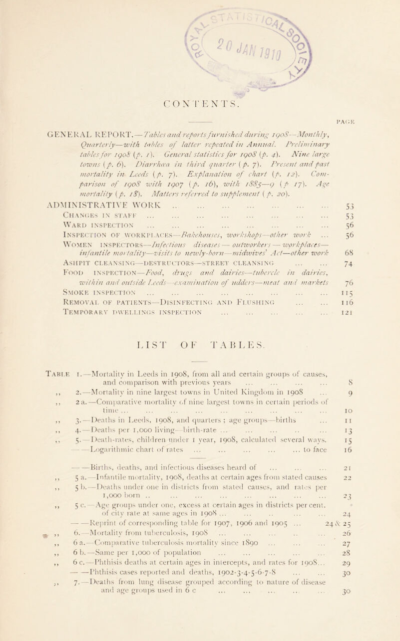 PAGE GENERAL REPORT. — Tables and reports furnished during iqo8—Monthly, Quarterly—with tables of latter repeated in Annual. Preliminary tables for igoS (p. /). General statistics for igo8 (p. 4). Nine large tozv/ts (p. 6). Diarrhoea in third quarter (p. 7). Present and past mortality in Leeds (p. 7). Explanation of chart (/>. 12). Com¬ parison of igo8 with igoj (/. 16), with r88p—g (p ip). Age mortality (p. 18). Matters referred to supplement (p. 20). ADMINISTRATIVE WORK . 53 Changes in staff . 53 Ward inspection . 56 Inspection of workplaces—Bakehouses, workshops—other work ... 56 Women inspectors—Infectious diseases— outworkers—workplaces— infantile mortality—visits to newly-born—midwives Act—other work 68 Ashpit cleansing—destructors—street cleansing ... ... 74 Eood INSPECTION—L'ood, drugs and dairies—tubercle in dairies, within and outside Leeds—examination of udders—meat and markets 76 Smoke inspection ... ... ... ... ... ... ... ... 115 Removal of patients—Disinfecting and Flushing ... ... 116 Temporary dwellings inspection ... ... ... ... ... 121 LIST OF TABLES. Table i.—Mortality in Leeds in 1908, from all and certain groups of causes, and comparison with previous years ... ... ... ... S ,, 2.—Mortality in nine largest towns in United Kingdom in 1908 ... 9 ,, 2 a.—Comparative mortality of nine largest towns in certain periods of time ... ... ... ... ... ... ... ... ... 10 ,, 3.—Deaths in Leeds, 1908, and quarters ; age groups—births ... 11 ,, 4.—Deaths per 1,000 living—birth-rate ... ... ... .. ... 13 ,, 5.—Death-rates, children under 1 year, 1908, calculated several ways. 15 -Logarithmic chart of rates ... ... ... ... ... to face 16 --Births, deaths, and infectious diseases heard of ... ... ... 21 ,, 5 a. -Infantile mortality, 1908, deaths at certain ages from stated causes 22 ,, 5 b.—Deaths under one in districts from stated causes, and rates per 1,000 born .. ... ... ... ... ... ... ... 2} ,, 5 c.—Age groups under one, excess at certain ages in districts percent. of city rate at same ages in 1908 ... ... .. ... ... 24 — Reprint of corresponding table for 1907, 1906 and 1905 ... 24A25 j ,, 6.—Mortality from tuberculosis, 1908 ,, 6 a.—Comparative tuberculosis mortality since 1890 ,, 6 b.—Same per 1,000 of population ,, 6 c.—Phthisis deaths at certain ages in intercepts, and rates for 1908... -Phthisis cases reported and deaths, 1902-3-4-5-6-7-8 ,, 7. — Deaths from lung disease grouped according to nature of disease and age groups used in 6 c 26 27 28 29 30 30