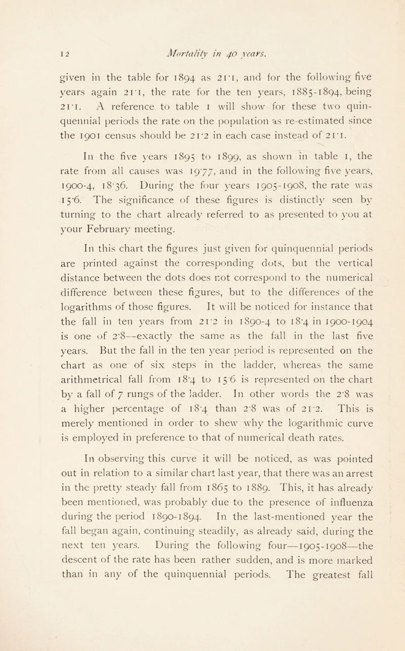 given in the table for 1894 as 21 • 1, and for the following five years again 2ri, the rate for the ten years, 1885-1894, being 2r 1. A reference to table 1 will show for these two quin¬ quennial periods the rate on the population as re-estimated since the 1901 census should be 21*2 in each case instead of 2n. In the five years 1895 to 1899, as shown in table 1, the rate from all causes was 1977, and in the following five years, 1900-4, 1876. During the four years 1905-1908, the rate was I5‘6. The significance of these figures is distinctly seen by turning to the chart already referred to as presented to you at your February meeting. In this chart the figures just given for quinquennial periods are printed against the corresponding dots, but the vertical distance between the dots does not correspond to the numerical difference between these figures, but to the differences of the logarithms of those figures. It will be noticed for instance that the fall in ten years from 212 in 1890-4 to 18*4 in 1900-1904 is one of 2'8—exactly the same as the fall in the last five years. But the fall in the ten year period is represented on the chart as one of six steps in the ladder, whereas the same arithmetrical fall from i8q. to 156 is represented on the chart by a fall of 7 rungs of the ladder. I11 other words the 2'8 was a higher percentage of 18-4 than 2-8 was of 212. This is merely mentioned in order to shew why the logarithmic curve is employed in preference to that of numerical death rates. In observing this curve it will be noticed, as was pointed out in relation to a similar chart last year, that there was an arrest in the pretty steady fall from 1865 to 1889. This, it has already been mentioned, was probably due to the presence of influenza during the period 1890-1894. In the last-mentioned year the fall began again, continuing steadily, as already said, during the next ten years. During the following four—1905-1908—the descent of the rate has been rather sudden, and is more marked than in any of the quinquennial periods. The greatest fall