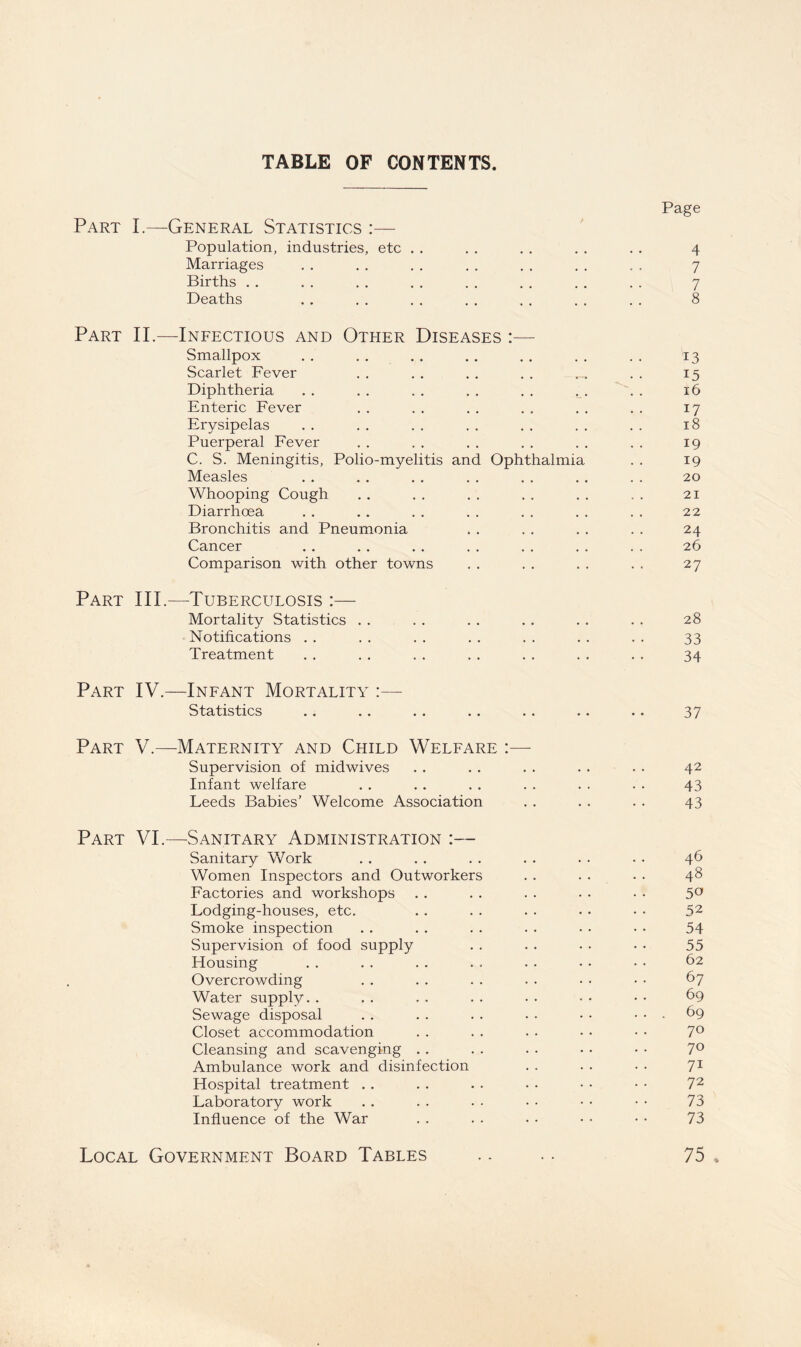 TABLE OF CONTENTS. Part I.—General Statistics :— Population, industries, etc . . Marriages Births . . Deaths Part 11.—Infectious and Other Diseases :— Smallpox Scarlet Fever Diphtheria Enteric Fever Erysipelas Puerperal Fever C. S. Meningitis, Polio-myelitis and Measles Whooping Cough Diarrhoea Bronchitis and Pneumonia Cancer Comparison with other towns Ophthalmia Part III.—Tuberculosis :— Mortality Statistics . . Notifications . . Treatment Part IV.—Ineant Mortality :— Statistics Part V.—Maternity and Child Welfare :— Supervision of midwives Infant welfare Leeds Babies’ Welcome Association Page 4 7 7 8 13 15 16 17 18 19 19 20 21 22 24 26 27 28 33 34 37 42 43 43 Part VI.—^Sanitary Administration :— Sanitary Work . , . . . . . . . . . . 46 Women Inspectors and Outworkers . . . . . • 4^ Factories and workshops . . . . . . . . • • 5^ Lodging-houses, etc. . . . . . . • . • • 52 Smoke inspection . . . . . . . . . . • • 54 Supervision of food supply . . . . • . • • 55 Housing . . . . . . . . . . . . • • 62 Overcrowding . . . . . . . . . . • • 67 Water supply. . . . . . . . . . • • • • 69 Sewage disposal . . . . . . . . • • ... 69 Closet accommodation . . . . • • • • • • 7® Cleansing and scavenging .. . . . . • . • • 7° Ambulance work and disinfection . . . . • • 7^ Hospital treatment . . . . . . . . • • • • 72 Laboratory work . . . . . . • • • • • • 73 Influence of the War . . . . . • • • • • 73 Local Government Board Tables .. .. 75 .