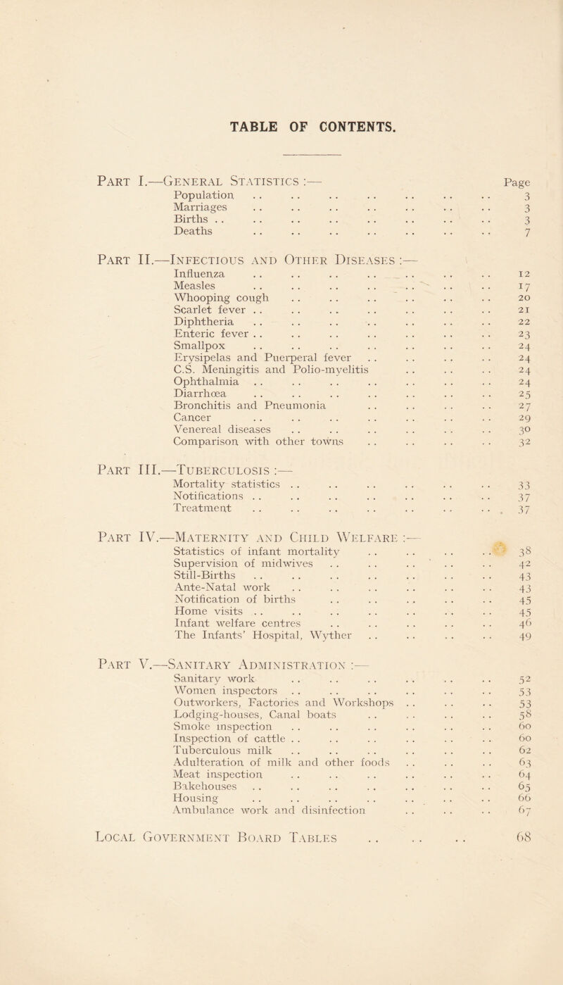 TABLE OF CONTENTS. Part I.—General Statistics :— Population, Marriages Births Deaths Part II.—Infectious and Other Diseases :— Influenza Measles Whooping cough Scarlet fever Diphtheria Enteric fever Smallpox Erysipelas and Puerperal fever C.S. Meningitis and Polio-myelitis Ophthalmia Diarrhoea Bronchitis and Pneumonia Cancer Venereal diseases Comparison with other towns Part III.—Tuberculosis :— Mortality statistics Notifications Treatment Part IV.—Maternity and Child Welfare Statistics of infant mortality Supervision of midwives Still-Births Ante-Natal work Notification of births Home visits Infant welfare centres The Infants’ Hospital, Wyther Part V.—Sanitary Administration Sanitary work Women inspectors Outworkers, Factories and Workshops . . Lodging-houses, Canal boats Smoke inspection Inspection of cattle Tuberculous milk Adulteration of milk and other foods Meat inspection Bakehouses Housing- Ambulance work and disinfection Page 3 3 3 7 12 17 20 21 22 23 24 24 24 24 25 27 29 3° 32 33 37 37 38 42 43 43 45 45 46 49 53 53 58 60 60 62 63 64 65 66 67 Local Government Board Tables 68