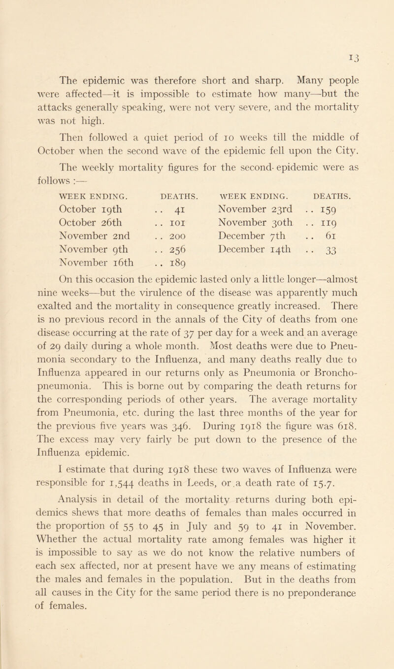 The epidemic was therefore short and sharp. Many people were affected—it is impossible to estimate how many—-but the attacks generally speaking, were not very severe, and the mortality was not high. Then followed a quiet period of io weeks till the middle of October when the second wave of the epidemic fell upon the City. The weekly mortality figures for the second- epidemic were as follows WEEK ENDING. DEATHS. WEEK ENDING. DEATHS. October 19th .. 41 November 23rd *59 October 26th . . IOI November 30th 119 November 2nd . . 200 December 7th 61 November 9th November 16 th .. 256 .. 189 December 14th 33 On this occasion the epidemic lasted only a little longer- —almost nine weeks—but the virulence of the disease was apparently much exalted and the mortality in consequence greatly increased. There is no previous record in the annals of the City of deaths from one disease occurring at the rate of 37 per day for a week and an average of 29 daily during a whole month. Most deaths were due to Pneu¬ monia secondary to the Influenza, and many deaths really due to Influenza appeared in our returns only as Pneumonia or Broncho¬ pneumonia. This is borne out by comparing the death returns for the corresponding periods of other years. The average mortality from Pneumonia, etc. during the last three months of the year for the previous five years was 346. During 1918 the figure was 618. The excess may very fairly be put down to the presence of the Influenza epidemic. I estimate that during 1918 these two waves of Influenza were responsible for 1,544 deaths in Leeds, or.a death rate of 15.7. Analysis in detail of the mortality returns during both epi¬ demics shews that more deaths of females than males occurred in the proportion of 55 to 45 in July and 59 to 41 in November. Whether the actual mortality rate among females was higher it is impossible to say as we do not know the relative numbers of each sex affected, nor at present have we any means of estimating the males and females in the population. But in the deaths from all causes in the City for the same period there is no preponderance of females.