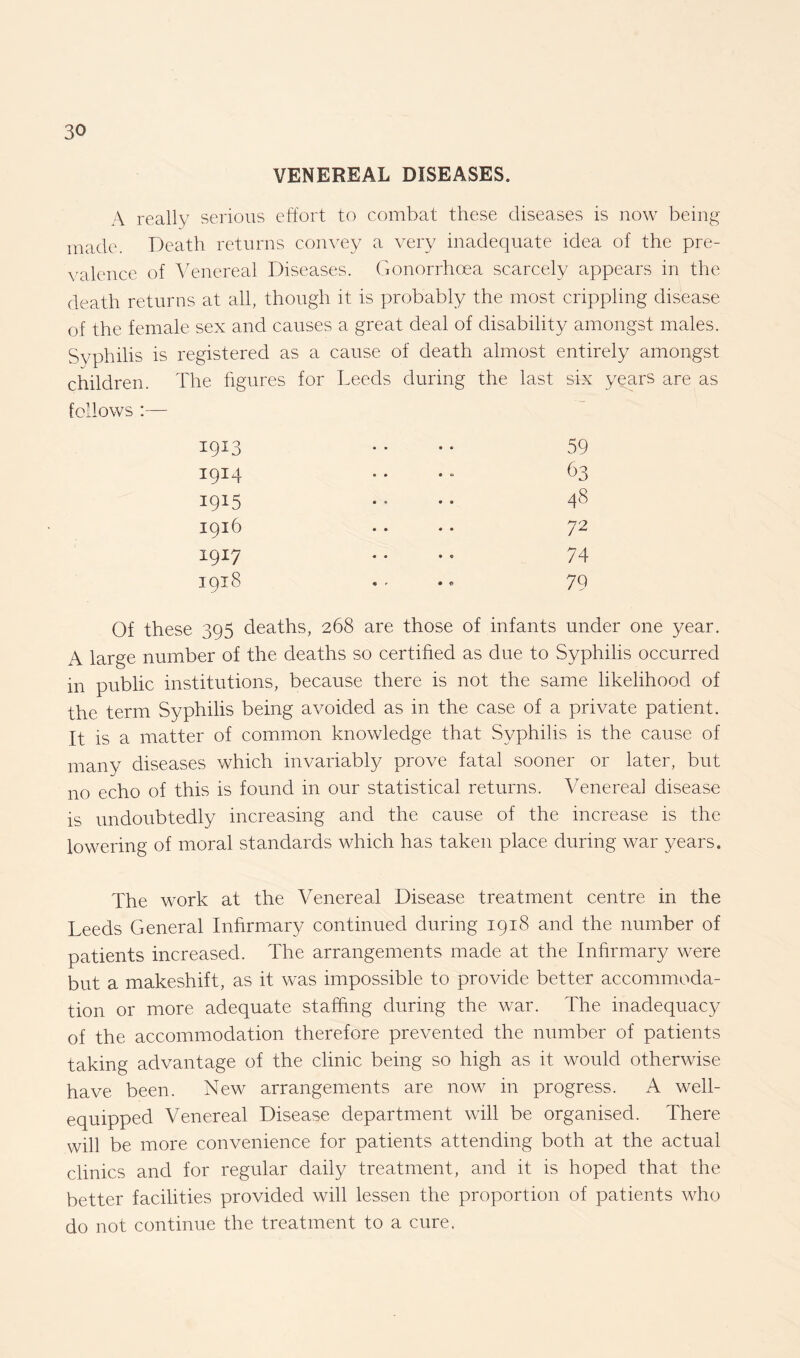 VENEREAL DISEASES. A really serious effort to combat these diseases is now being made. Death returns convey a very inadequate idea of the pre¬ valence of Venereal Diseases. Gonorrhoea scarcely appears in the death returns at all, though it is probably the most crippling disease of the female sex and causes a great deal of disability amongst males. Syphilis is registered as a cause of death almost entirely amongst children. The figures for Leeds during the last six years are as follows :— 59 63 48 72 74 79 1913 1914 1915 1916 1917 1918 Of these 395 deaths, 268 are those of infants under one year. A large number of the deaths so certified as due to Syphilis occurred in public institutions, because there is not the same likelihood of the term Syphilis being avoided as in the case of a private patient. It is a matter of common knowledge that Syphilis is the cause of many diseases which invariably prove fatal sooner or later, but no echo of this is found in our statistical returns. Venereal disease is undoubtedly increasing and the cause of the increase is the lowering of moral standards which has taken place during war years. The work at the Venereal Disease treatment centre in the Leeds General Infirmary continued during 1918 and the number of patients increased. The arrangements made at the Infirmary were but a makeshift, as it was impossible to provide better accommoda¬ tion or more adequate staffing during the war. The inadequacy of the accommodation therefore prevented the number of patients taking advantage of the clinic being so high as it would otherwise have been. New arrangements are now in progress. A well- equipped Venereal Disease department will be organised. There will be more convenience for patients attending both at the actual clinics and for regular daily treatment, and it is hoped that the better facilities provided will lessen the proportion of patients who do not continue the treatment to a cure.