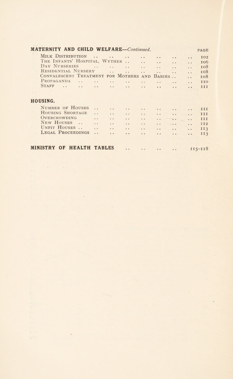 MATERNITY AND CHILD WELFARE—Continued. page Milk Distribution .. .. .. .. .. .. .. 102 The Infants’ Hospital, Wyther . . . . .. . . . . 106 Day Nurseries . . . . . . . . . . . . . . io8 Residential Nursery . . .. . . . . .. .. io8 Convalescent Treatment for Mothers and Babies .. .. 108 Propaganda .. .. .. .. .. .. .. .. IIO Staff .. .. .. .. .. ,, 111 HOUSING. Number of Houses .. .. .. .. .. .. .. IIX Housing Shortage .. .. .. .. .. .. .. IIX Overcrowding .. .. .. .. .. .. .. I];I New Houses .. .. .. .. . . . . II2 Unfit Houses .. .. .. .. .. .. .. Legal Proceedings .. .. .. .. .. .. .. II3 MINISTRY OF HEALTH TABLES . 115-118