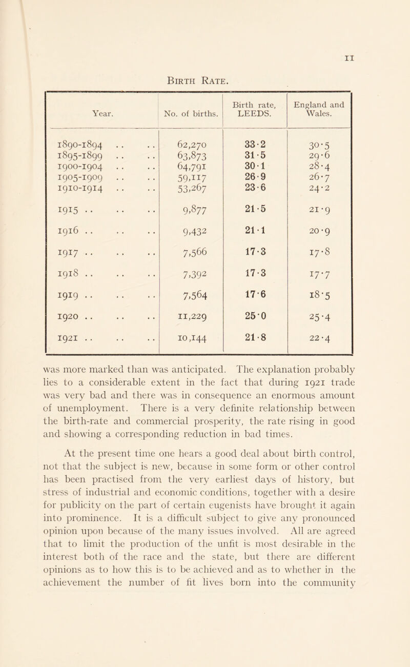 Birth Rate. Year. No. of births. Birth rate, LEEDS. England and Wales. 1890-1894 62,270 33-2 30-5 1895-1899 63,873 31-5 29-6 19OO-1904 64,791 301 28-4 1905-1909 59AI7 26-9 26-7 I91O-1914 53,267 23-6 24*2 1915 • • 9,877 21-5 21 -9 1916 .. ■. .. 9432 211 20-9 1917 • • 7466 17-3 17-8 i9l8. 7.392 17*3 17*7 1919 .. 7,564 176 i8'5 1920 .. 11,229 25*0 25-4 1921 .. 10,144 21-8 22 ’4 was more marked than was anticipated. The explanation probably lies to a considerable extent in the fact that during 1921 trade was very bad and there was in consequence an enormous amount of unemployment. There is a very definite relationship between the birth-rate and commercial prosperity, the rate rising in good and showing a corresponding reduction in bad times. At the present time one hears a good deal about birth control, not that the subject is new, because in some form or other control has been practised from the very earliest days of history, but stress of industrial and economic conditions, together with a desire for publicity on the part of certain eugenists have brought it again into prominence. It is a difficult subject to give any pronounced opinion upon because of the many issues involved. All are agreed that to limit the production of the unfit is most desirable in the interest both of the race and the state, but there are different opinions as to how this is to be achieved and as to whether in the achievement the number of fit lives born into the community