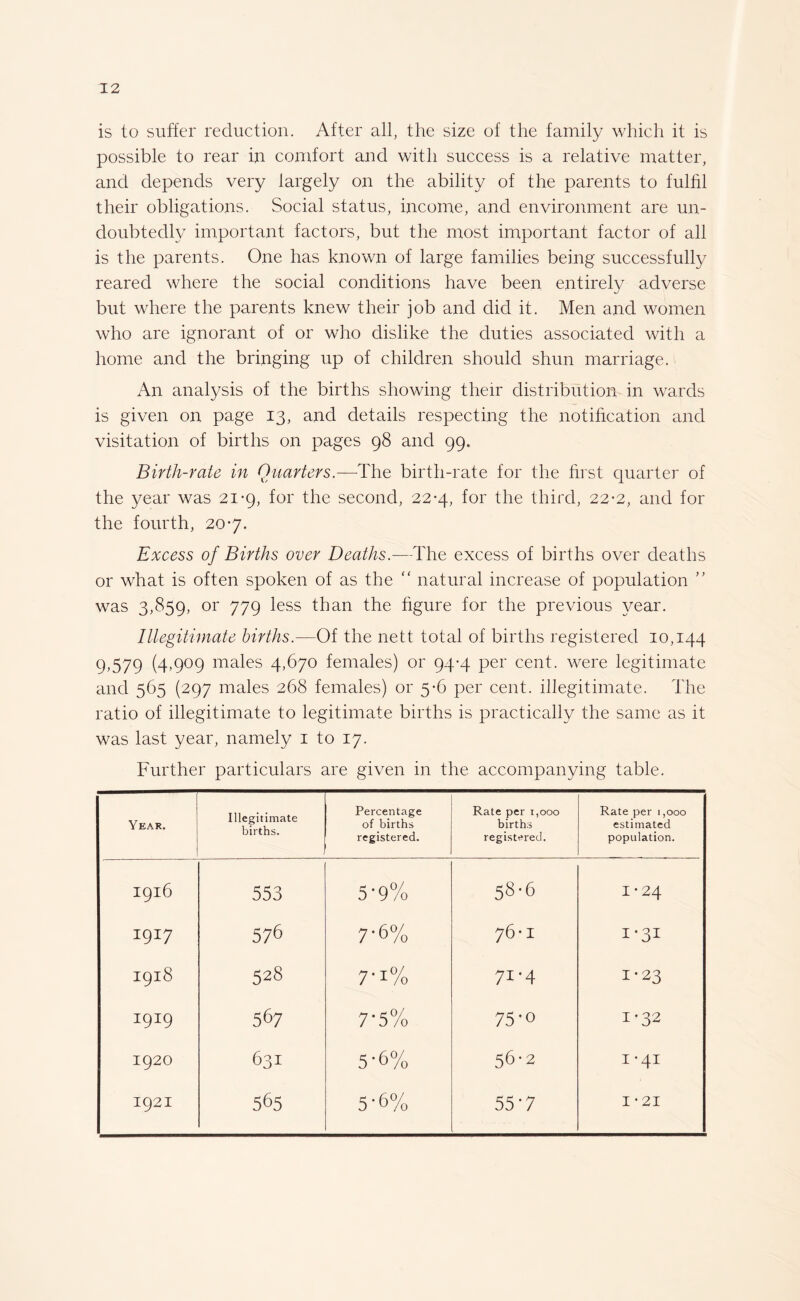 is to suffer reduction. After all, the size of the family which it is possible to rear in comfort and with success is a relative matter, and depends very largely on the ability of the parents to fulfil their obligations. Social status, income, and environment are un¬ doubtedly important factors, but the most important factor of all is the parents. One has known of large families being successfully reared where the social conditions have been entirely adverse but where the parents knew their job and did it. Men and women who are ignorant of or who dislike the duties associated with a home and the bringing up of children should shun marriage. An analysis of the births showing their distribution in wards is given on page 13, and details respecting the notification and visitation of births on pages 98 and 99. Birth-rate in Quarters.—The birth-rate for the first quarter of the year was 21-9, for the second, 22-4, for the third, 22-2, and for the fourth, 20*7. Excess of Births over Deaths.—The excess of births over deaths or what is often spoken of as the “ natural increase of population ” was 3,859, or 779 less than the figure for the previous year. Illegitimate births.—Of the nett total of births registered 10,144 9,579 (4,909 males 4,670 females) or 94-4 per cent, were legitimate and 565 (297 males 268 females) or 5-6 per cent, illegitimate. The ratio of illegitimate to legitimate births is practically the same as it was last year, namely 1 to 17. Further particulars are given in the accompanying table. Year. Illegitimate births. Percentage of births registered. Rate per 1,000 births registered. Rate per 1,000 estimated population. I916 553 5'9% 58-6 1-24 1917 576 7’6% 76-I I918 528 7’i% 7I«4 1-23 I9I9 50 7'5% 75-o 1-32 1920 631 5-6% 56-2 1*41 1921 565 5'6% 55'7 I *21