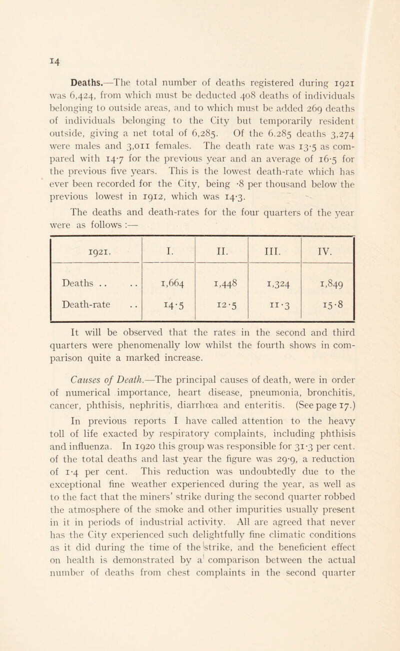 Deaths.—The total number of deaths registered during 1921 was 6,424, from which must be deducted 408 deaths of individuals belonging to outside areas, and to which must be added 269 deaths of individuals belonging to the City but temporarily resident outside, giving a net total of 6,285. Of the 6.285 deaths 3,274 were males and 3,011 females. The death rate was 13-5 as com¬ pared with 14-7 for the previous year and an average of 16-5 for the previous five years. This is the lowest death-rate which has ever been recorded for the City, being -8 per thousand below the previous lowest in 1912, which was 14-3. The deaths and death-rates for the four quarters of the year were as follows :—- 1921. I. II. III. IV. Deaths .. 1,664 1,448 1,324 1,849 Death-rate 14-5 12-5 ii*3 15-8 It will be observed that the rates in the second and third quarters were phenomenally low whilst the fourth shows in com¬ parison quite a marked increase. Causes of Death.—The principal causes of death, were in order of numerical importance, heart disease, pneumonia, bronchitis, cancer, phthisis, nephritis, diarrhoea and enteritis. (See page 17.) In previous reports I have called attention to the heavy toll of life exacted by respiratory complaints, including phthisis and influenza. In 1920 this group was responsible for 31-3 per cent, of the total deaths and last year the figure was 29*9, a reduction of i*4 per cent. This reduction was undoubtedly due to the exceptional fine weather experienced during the year, as well as to the fact that the miners’ strike during the second quarter robbed the atmosphere of the smoke and other impurities usually present in it in periods of industrial activity. All are agreed that never has the City experienced such delightfully fine climatic conditions as it did during the time of the 'strike, and the beneficient effect on health is demonstrated by a comparison between the actual number of deaths from chest complaints in the second quarter