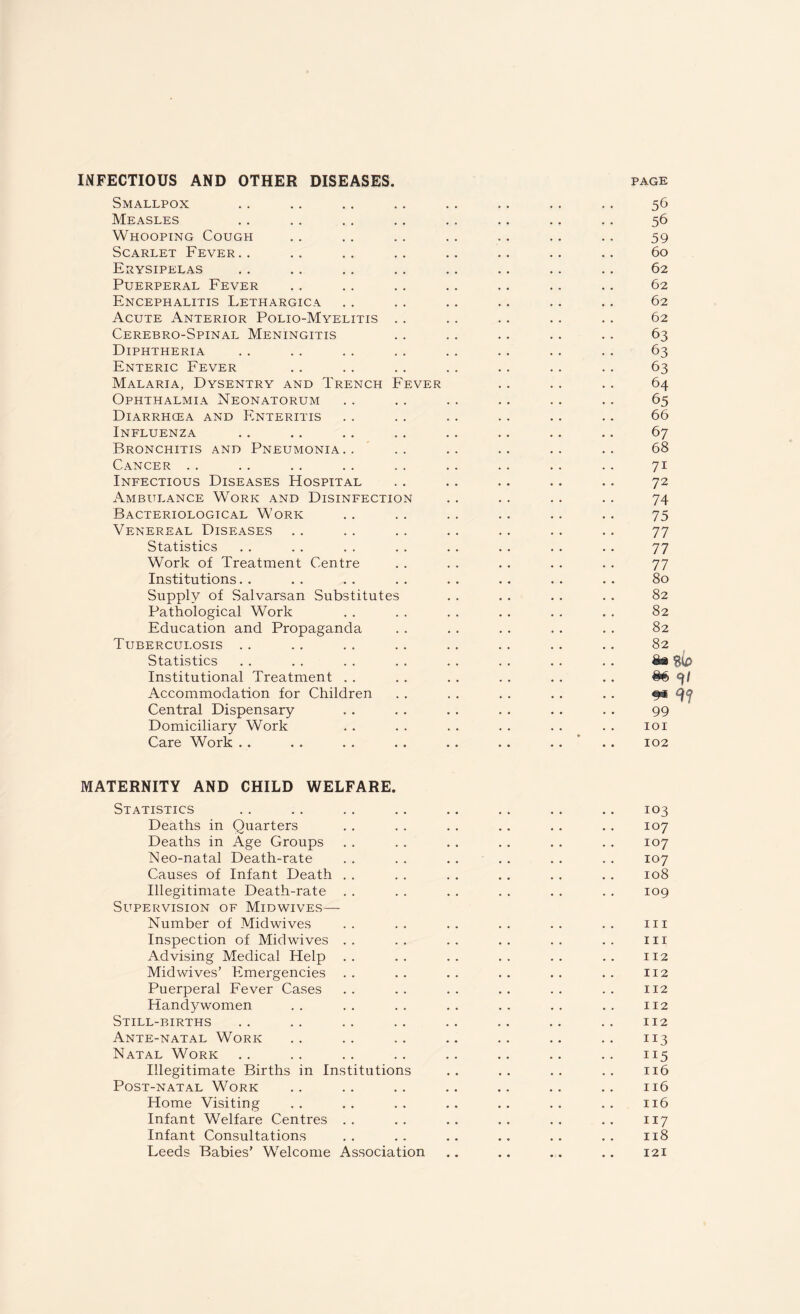 INFECTIOUS AND OTHER DISEASES. page Smallpox . . .. . . . . .. . . . . .. 56 Measles . . . . . . . . . . .. . . . . 56 Whooping Cough . . . . .. . . .. . . . . 59 Scarlet Fever.. .. .. .. .. .. .. .. 60 Erysipelas . . .. . . . . .. . . . . .. 62 Puerperal Fever .. . . . . .. .. . . . . 62 Encephalitis Lethargica . . . . .. .. . . . . 62 Acute Anterior Polio-Myelitis . . .. .. . . . . 62 Cerebro-Spinal Meningitis . . . . . . . . . . 63 Diphtheria . . . . . . . . . . . . . . . . 63 Enteric Fever . . . . . . . . . . . . . . 63 Malaria, Dysentry and Trench Fever . . . . .. 64 Ophthalmia Neonatorum .. . . . . .. . . .. 65 Diarrhcea and Enteritis . . . . . . . . . . .. 66 Influenza .. .. .. . . . . .. .. .. 67 Bronchitis and Pneumonia.. .. .. .. .. .. 68 Cancer . . . . . . .. . . . . .. . . . . 71 Infectious Diseases Hospital .. .. .. .. .. 72 Ambulance Work and Disinfection . . . . . . . . 74 Bacteriological Work . . . . . . .. . . . . 75 Venereal Diseases . . . . . . . . . . . . . . 77 Statistics . . . . . . . . . . . . . . . . 77 Work of Treatment Centre . . . . . . . . . . 77 Institutions. . . . . . . . . . . . . . . . 80 Supply of Salvarsan Substitutes . . . . . . . . 82 Pathological Work . . . . . . . . . . . . 82 Education and Propaganda . . . . . . . . . . 82 Tuberculosis . . . . . . . . . . . . . . . . 82 Statistics . . . . . . . . . . . . . . . . Institutional Treatment . . . . . . . . . . . . #6 9/ Accommodation for Children . Central Dispensary . . . . . . . . . . . . 99 Domiciliary Work . . . . . . . . . . . . 101 Care Work . . .. .. . . .. . . . . .. 102 MATERNITY AND CHILD WELFARE. Statistics . . . . . . .. . . . . .. .. 103 Deaths in Quarters . . . . . . . . . . . . 107 Deaths in Age Groups . . . . . . . . . . . . 107 Neo-natal Death-rate . . . . . . . . . . . . 107 Causes of Infant Death . . . . . . . . . . . . 108 Illegitimate Death-rate . . . . . . . . . . . . 109 Supervision of Midwives— Number of Midwives .. .. .. .. .. .. 111 Inspection of Mid wives .. .. .. .. .. .. in Advising Medical Help .. .. .. .. .. .. 112 Mid wives’ Emergencies .. .. .. .. .. .. 112 Puerperal Fever Cases .. .. .. .. .. .. 112 Handy women .. .. .. .. .. .. .. 112 Still-births .. .. .. .. .. .. .. .. 112 Ante-natal Work .. .. .. .. .. .. .. 113 Natal Work .. .. .. .. .. .. .. .. 115 Illegitimate Births in Institutions .. .. .. .. 116 Post-natal Work .. .. .. .. .. .. .. 116 Home Visiting .. .. .. .. .. .. .. 116 Infant Welfare Centres .. .. .. .. .. .. 117 Infant Consultations .. .. .. .. .. .. 118 Leeds Babies’ Welcome Association .. . . ... .. 121