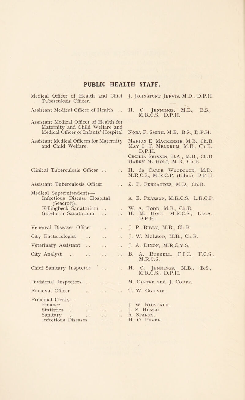 Medical Officer of Health and Chief Tuberculosis Officer. Assistant Medical Officer of Health . . Assistant Medical Officer of Health for Maternity and Child Welfare and Medical Officer of Infants’ Hospital Assistant Medical Officers for Maternity and Child Welfare. Clinical Tuberculosis Officer . . Assistant Tuberculosis Officer Medical Superintendents—• Infectious Disease Hospital (Seacroft). Killingbeck Sanatorium . . Gateforth Sanatorium Venereal Diseases Officer City Bacteriologist Veterinary Assistant City Analyst Chief Sanitary Inspector Divisional Inspectors . . Removal Officer Principal Clerks— Finance Statistics Sanitary Infectious Diseases J. Johnstone Jervis, M.D., D.P.H. H. C. Jennings, M.B., B.S., M.R.C.S., D.P.H. Nora F. Smith, M.B., B.S., D.P.H. Marion E. Mackenzie, M.B., Ch.B. May I. T. Meldrum, M.B., Ch.B., D.P.H. Cecilia Shiskin, B.A., M.B., Ch.B. Harry M. Holt, M.B., Ch.B. H. de Carle Woodcock, M.D., M.R.C.S., M.R.C.P. (Edin.), D.P.H. Z. P. Fernandez, M.D., Ch.B. A. E. Pearson, M.R.C.S., L.R.C.P. w. A. Todd, M.B., Ch.B. H. M. Holt, Mt R.C.S., L.S.A., D.P.H. J- P. Bibby, M.B., Ch.B. J- W. McLeod, M.B., Ch.B J- A. Dixon, M.R.C.V.S. B. A. Burrell, F.I.C., F.C.S., M.R.C.S. H. C. Jennings, M.B., B.S., M.R.C.S., D.P.H. M. Carter and J. Coupe. T. W. Ogilvie. J. W. Ridsdale. J. S. Hoyle. A. Sparks. H. O. Peake.