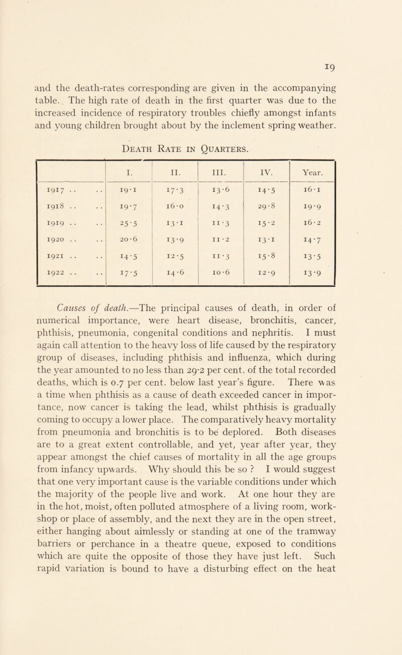 *9 and the death-rates corresponding are given in the accompanying table. The high rate of death in the first quarter was due to the increased incidence of respiratory troubles chiefly amongst infants and young children brought about by the inclement spring weather. Death Rate in Quarters. I. II. III. IV. Year. 1917 •• 19 • I 17-3 13-6 14*5 16 • 1 1918 .. I9'7 16 -o 14*3 29 • 8 19-9 1919 .. 25-5 I3'1 11 -3 15-2 16*2 1920 .. 20 -6 13-9 11 • 2 i3-i 14-7 1921 .. 14-5 I2’5 11 - 3 15-8 13-5 1922 . . 17-5 14-6 io*6 12 *9 13'9 Causes of death.—The principal causes of death, in order of numerical importance, were heart disease, bronchitis, cancer, phthisis, pneumonia, congenital conditions and nephritis. I must again call attention to the heavy loss of life caused by the respiratory group of diseases, including phthisis and influenza, which during the year amounted to no less than 29*2 per cent, of the total recorded deaths, which is 0.7 per cent, below last year’s figure. There was a time when phthisis as a cause of death exceeded cancer in impor¬ tance, now cancer is taking the lead, whilst phthisis is gradually coming to occupy a lower place. The comparatively heavy mortality from pneumonia and bronchitis is to be deplored. Both diseases are to a great extent controllable, and yet, year after year, they appear amongst the chief causes of mortality in all the age groups from infancy upwards. Why should this be so ? I would suggest that one very important cause is the variable conditions under which the majority of the people live and work. At one hour they are in the hot, moist, often polluted atmosphere of a living room, work¬ shop or place of assembly, and the next they are in the open street, either hanging about aimlessly or standing at one of the tramway barriers or perchance in a theatre queue, exposed to conditions which are quite the opposite of those they have just left. Such rapid variation is bound to have a disturbing effect on the heat