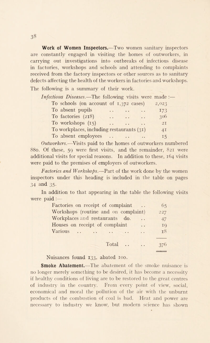 33 Work of Women Inspectors.—Two women sanitary inspectors are constantly engaged in visiting the homes of outworkers, in carrying out investigations into outbreaks of infectious disease in factories, workshops and schools and attending to complaints received from the factory inspectors or other sources as to sanitary defects affecting the health of the workers in factories and workshops. The following is a summary of their work. Infectious Diseases.—The following visits were made :— To schools (on account of 1,372 cases) 2,023 To absent pupils 173 To factories (218) .. .. .. 306 To workshops (15) .. .. .. 21 To workplaces, including restaurants (31) 41 To absent employees .. .. 15 Outworkers.—Visits paid to the homes of outworkers numbered 880. Of these, 59 were first visits, and the remainder, 821 were additional visits for special reasons. In addition to these, 164 visits were paid to the premises of employers of outworkers. Factories and Workshops.—Part of the work done by the women inspectors under this heading is included in the table on pages 34 and 35. In addition to that appearing in the table the following visits were paid :— Factories on receipt of complaint . . 65 Workshops (routine and on complaint) 227 Workplaces and restaurants do. .. 47 Houses on receipt of complaint .. 19 Various . . . . . . . . . . 18 Total .. .. 376 Nuisances found 133. abated 100. Smoke Abatement.—The abatement of the smoke nuisance is no longer merely something to be desired, it has become a necessity if health)/ conditions of living are to be restored to the great centres of industry in the country. From every point of view, social, economical and moral the pollution of the air with the unburnt products of the combustion of coal is bad. Heat and power are necessary to industry we know, but modern science has shown