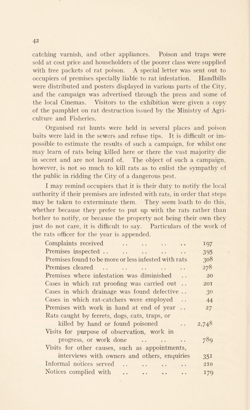 catching varnish, and other appliances. Poison and traps were sold at cost price and householders of the poorer class were supplied with free packets of rat poison. A special letter Was sent out to occupiers of premises specially liable to rat infestation. Handbills were distributed and posters displayed in various parts of the City, and the campaign was advertised through the press and some of the local Cinemas. Visitors to the exhibition were given a copy of the pamphlet on rat destruction issued by the Ministry of Agri¬ culture and Fisheries. Organised rat hunts were held in several places and poison baits were laid in the sewers and refuse tips. It is difficult or im¬ possible to estimate the results of such a campaign, for whilst one may learn of rats being killed here or there the vast majority die in secret and are not heard of. The object of such a campaign, however, is not so much to kill rats as to enlist the sympathy of the public in ridding the City of a dangerous pest. I may remind occupiers that it is their duty to notify the local authority if their premises are infested with rats, in order that steps may be taken to exterminate them. They seem loath to do this, whether because they prefer to put up with the rats rather than bother to notify, or because the property not being their own they just do not care, it is difficult to say. Particulars of the work of the rats officer for the year is appended. Complaints received .. .. .. .. 197 Premises inspected . . .. .. . . .. 395 Premises found to be more or less infested with rats 308 Premises cleared . . . . . . .. .. 278 Premises where infestation was diminished . . 20 Cases in which rat proofing was carried out . . 201 Cases in which drainage was found defective .. 30 Cases in which rat-catchers were employed . . 44 Premises with work in hand at end of year . . 27 Rats caught by ferrets, dogs, cats, traps, or killed by hand or found poisoned . . 2,748 Visits for purpose of observation, work in progress, or work done .. .. .. 789 Visits for other causes, such as appointments, interviews with owners and others, enquiries 351 Informal notices served .. . . .. .. 210 Notices complied with .. .. .. .. 179
