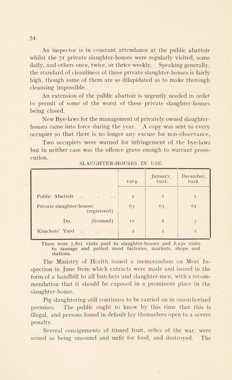 An inspector is in constant attendance at the public abattoir whilst the 71 private slaughter-houses were regularly visited, some daily, and others once, twice, or thrice weekly. Speaking generally, the standard of cleanliness of these private slaughter-houses is fairly high, though some of them are so dilapidated as to make thorough cleansing impossible. An extension of the public abattoir is urgently needed in order to permit of some of the worst of these private slaughter-houses being closed. New Bye-laws for the management of privately owned slaughter¬ houses came into force during the year. A copy Was sent to every occupier so that there is no longer any excuse for non-observance. Two occupiers were warned for infringement of the bye-laws but in neither case was the offence grave enough to Warrant prose¬ cution. SLAUGHTER-HOUSES IN USE. 1914- January, 1922. December, 1922. Public Abattoir 2 1 1 Private slaughter-houses (registered) 63 63 61 Do. (licensed) 10 8 7 Knackers’ Yard 2 2 2 There were 7,801 visits paid to slaughter-houses and 8,250 visits to sausage and potted meat factories, markets, shops and stations. The Ministry of Health issued a memorandum on Meat In¬ spection in June from which extracts were made and issued in the form of a handbill to all butchers and slaughter-men, with a recom¬ mendation that it should be exposed in a prominent place in the slaughter-house. Pig slaughtering still continues to be carried on in unauthorised premises. The public ought to know by this time that this is illegal, and persons found in default lay themselves open to a severe penalty. Several consignments of tinned fruit, relics of the war, were seized as being unsound and unfit for food, and destroyed. The