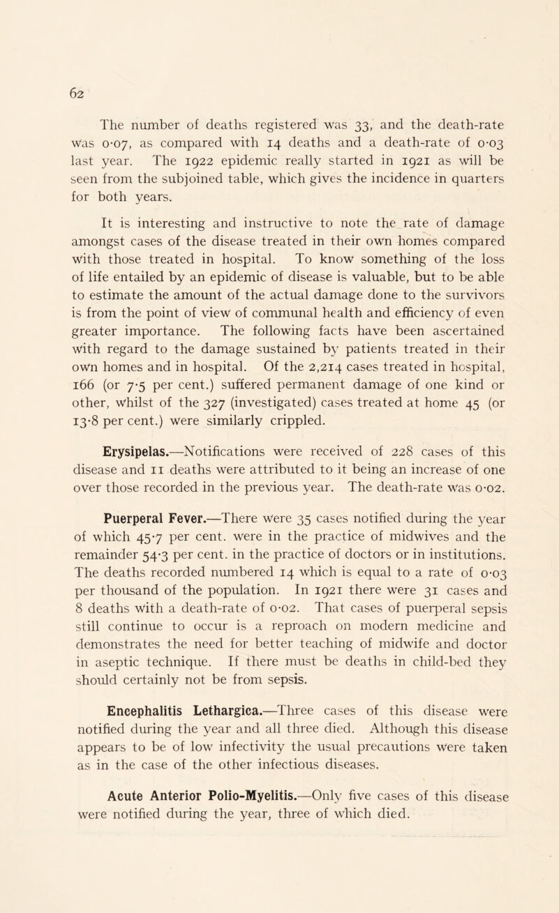 The number of deaths registered was 33, and the death-rate was 0-07, as compared with 14 deaths and a death-rate of 0-03 last year. The 1922 epidemic really started in 1921 as will be seen from the subjoined table, which gives the incidence in quarters for both years. It is interesting and instructive to note the rate of damage amongst cases of the disease treated in their own homes compared with those treated in hospital. To know something of the loss of life entailed by an epidemic of disease is valuable, but to be able to estimate the amount of the actual damage done to the survivors is from the point of view of communal health and efficiency of even greater importance. The following facts have been ascertained with regard to the damage sustained by patients treated in their own homes and in hospital. Of the 2,214 cases treated in hospital, 166 (or 7-5 per cent.) suffered permanent damage of one kind or other, whilst of the 327 (investigated) cases treated at home 45 (or 13-8 per cent.) were similarly crippled. Erysipelas.—Notifications were received of 228 cases of this disease and 11 deaths were attributed to it being an increase of one over those recorded in the previous year. The death-rate Was 0-02. Puerperal Fever.—There were 35 cases notified during the year of which 457 per cent, were in the practice of midwives and the remainder 54-3 per cent, in the practice of doctors or in institutions. The deaths recorded numbered 14 which is equal to a rate of 0-03 per thousand of the population. In 1921 there were 31 cases and 8 deaths with a death-rate of 0*02. That cases of puerperal sepsis still continue to occur is a reproach on modern medicine and demonstrates the need for better teaching of midwife and doctor in aseptic technique. If there must be deaths in child-bed they should certainly not be from sepsis. Encephalitis Lethargica.—Three cases of this disease were notified during the year and all three died. Although this disease appears to be of low infectivity the usual precautions were taken as in the case of the other infectious diseases. Acute Anterior Polio-Myelitis.—Only five cases of this disease were notified during the year, three of which died.
