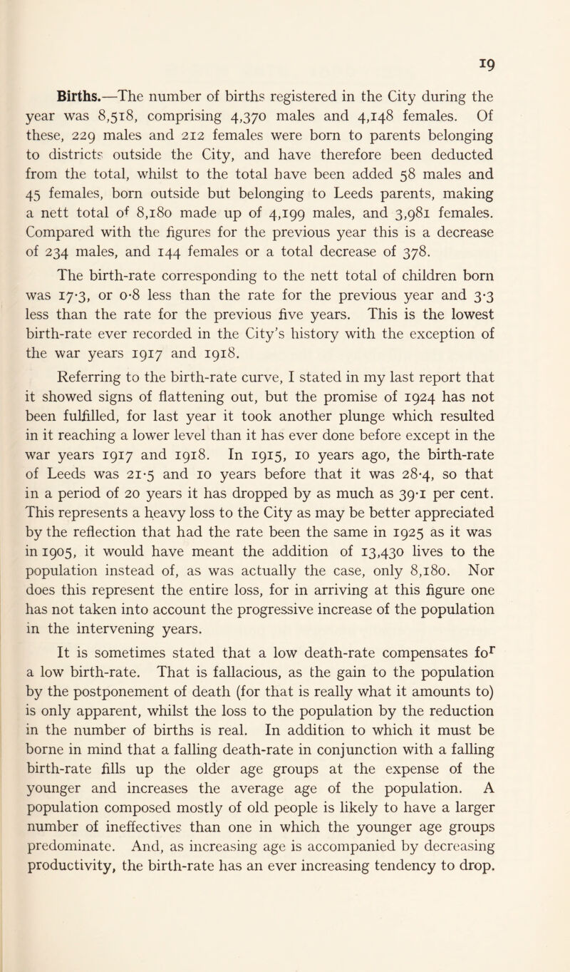 Births.—The number of births registered in the City during the year was 8,518, comprising 4,370 males and 4,148 females. Of these, 229 males and 212 females were born to parents belonging to districts outside the City, and have therefore been deducted from the total, whilst to the total have been added 58 males and 45 females, born outside but belonging to Leeds parents, making a nett total of 8,180 made up of 4,199 males, and 3,981 females. Compared with the figures for the previous year this is a decrease of 234 males, and 144 females or a total decrease of 378. The birth-rate corresponding to the nett total of children born was 17-3, or o-8 less than the rate for the previous year and 3*3 less than the rate for the previous five years. This is the lowest birth-rate ever recorded in the City’s history with the exception of the war years 1917 and 1918. Referring to the birth-rate curve, I stated in my last report that it showed signs of flattening out, but the promise of 1924 has not been fulfilled, for last year it took another plunge which resulted in it reaching a lower level than it has ever done before except in the war years 1917 and 1918. In 1915, 10 years ago, the birth-rate of Leeds was 21-5 and 10 years before that it was 28-4, so that in a period of 20 years it has dropped by as much as 39-1 per cent. This represents a heavy loss to the City as may be better appreciated by the reflection that had the rate been the same in 1925 as it was in 1905, it would have meant the addition of 13,430 lives to the population instead of, as was actually the case, only 8,180. Nor does this represent the entire loss, for in arriving at this figure one has not taken into account the progressive increase of the population in the intervening years. It is sometimes stated that a low death-rate compensates for a low birth-rate. That is fallacious, as the gain to the population by the postponement of death (for that is really what it amounts to) is only apparent, whilst the loss to the population by the reduction in the number of births is real. In addition to which it must be borne in mind that a falling death-rate in conjunction with a falling birth-rate fills up the older age groups at the expense of the younger and increases the average age of the population. A population composed mostly of old people is likely to have a larger number of ineffectives than one in which the younger age groups predominate. And, as increasing age is accompanied by decreasing productivity, the birth-rate has an ever increasing tendency to drop.