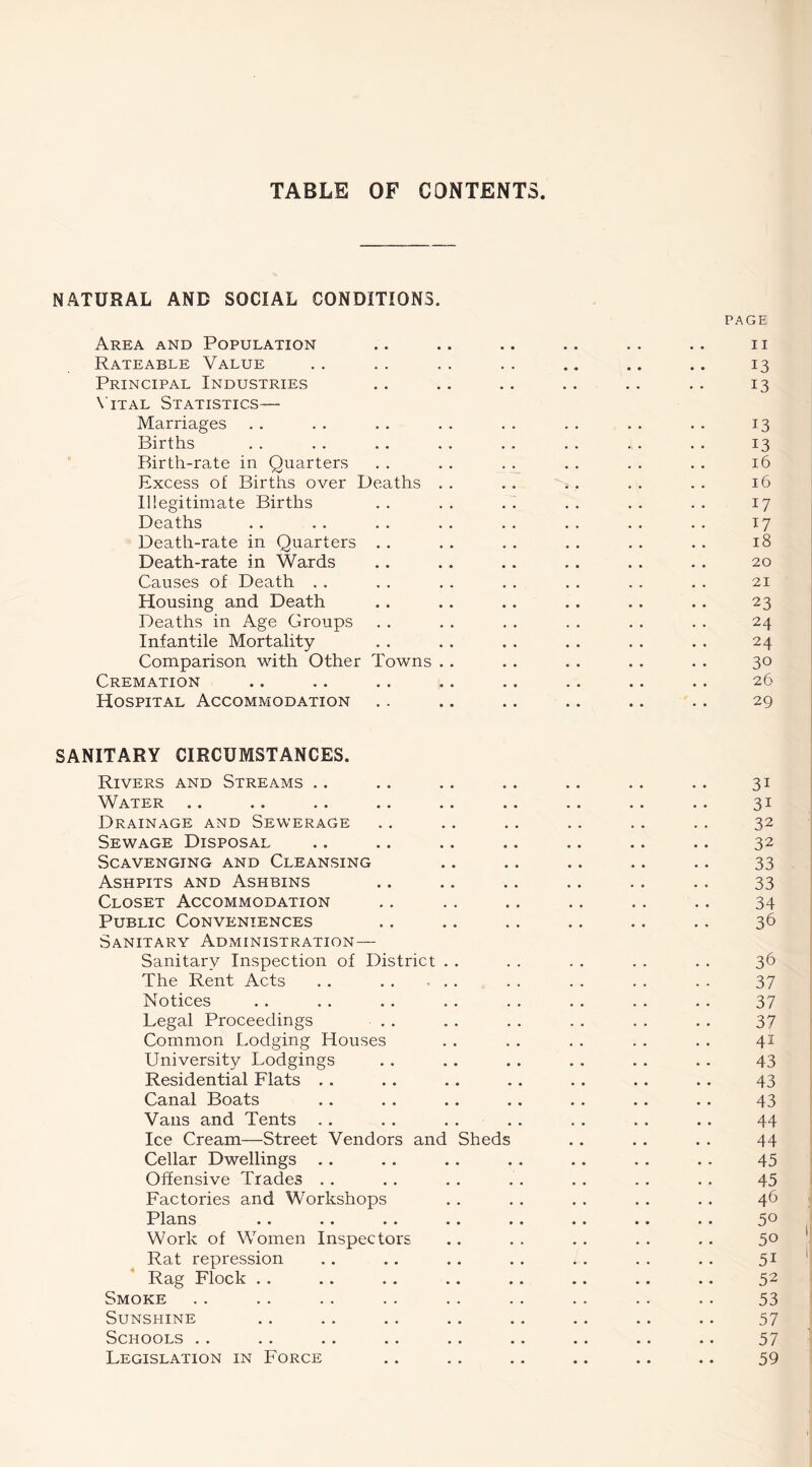 TABLE OF CONTENTS NATURAL AND SOCIAL CONDITIONS. Area and Population Rateable Value Principal Industries \ iTAL Statistics— Marriages Births Birth-rate in Quarters Excess of Births over Deaths . . Illegitimate Births Deaths Death-rate in Quarters . . Death-rate in Wards Causes of Death . . Housing and Death Deaths in Age Groups Infantile Mortality Comparison with Other Towns . . Cremation Hospital Accommodation SANITARY CIRCUMSTANCES. Rivers and Streams .. Water Drainage and Sewerage Sewage Disposal Scavenging and Cleansing Ashpits and Ashbins Closet Accommodation Public Conveniences Sanitary Administration— Sanitary Inspection of District . . The Rent Acts . . . Notices Legal Proceedings . . Common Lodging Houses University Lodgings Residential Flats . . Canal Boats Vans and Tents .. Ice Cream—Street Vendors and Sheds Cellar Dwellings . . Offensive Trades . . Factories and Workshops Plans •• •• •• .. t Work of Women Inspectors Rat repression Rag Flock . . Smoke Sunshine Schools . . Legislation in Force