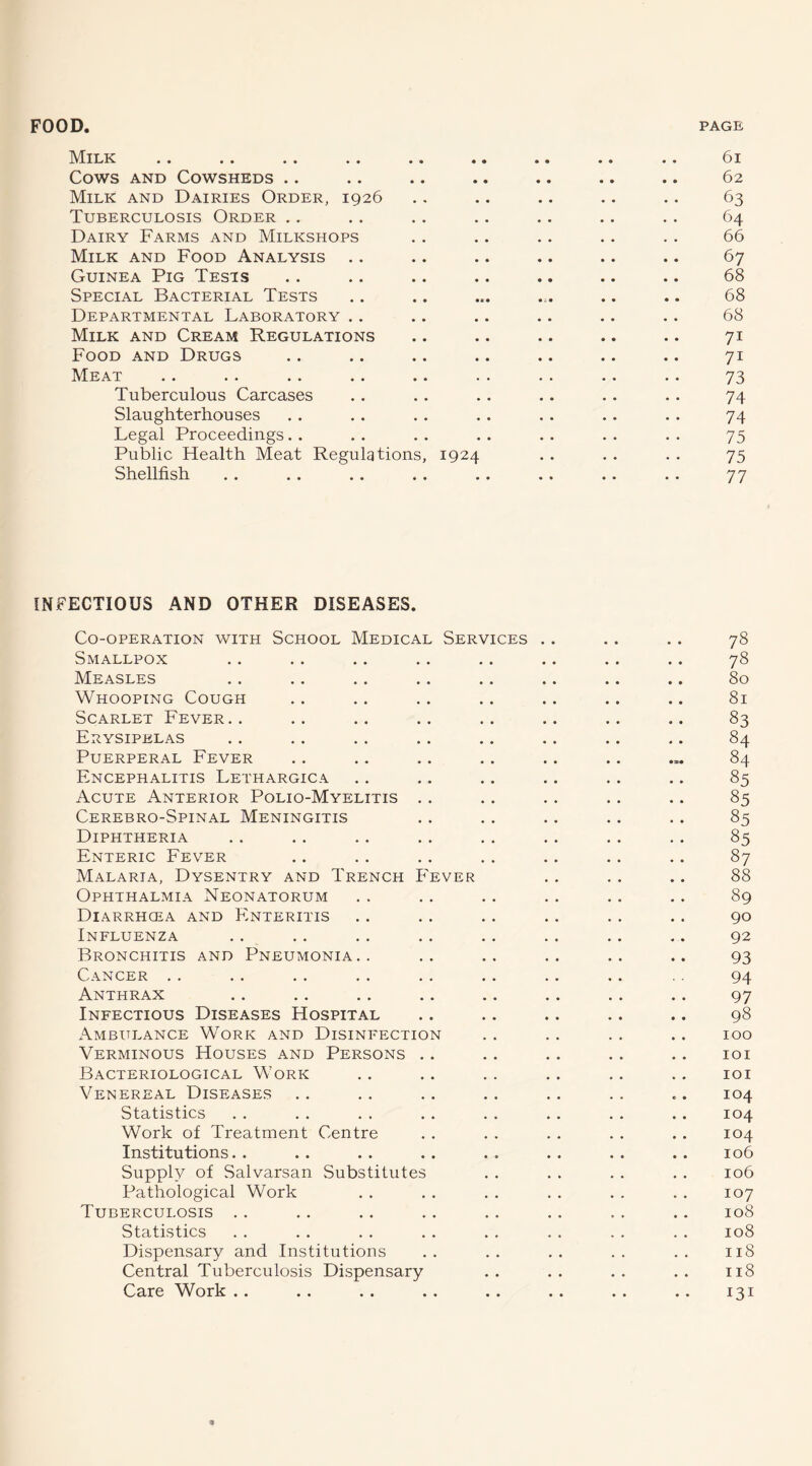 FOOD PAGE Milk Cows AND Cowsheds .. Milk and Dairies Order, 1926 Tuberculosis Order . . Dairy Farms and Milkshops Milk and Food Analysis .. Guinea Pig Tests Special Bacterial Tests Departmental Laboratory .. Milk and Cream Regulations Food and Drugs Meat Tuberculous Carcases Slaughterhouses Legal Proceedings. . Public Health Meat Regulations Shellfish •• •• •* •« bi fyO • • •• •• •• ^ •• .• .• •• 63 64 .. . . . . . . 66 •• •• •• •• 6y •• •• •• •• 6S •X* • 6S •• «• •• •• 6^ •• •• •• .. yi •• •• •• •• yi . 73 •• •• •• •• y4 •• •• •• •• y4 • • •• • • • • 75 1924 . 75 •• •• •• •• yy INFECTIOUS AND OTHER DISEASES. Co-operation with School Medical Services Smallpox Measles Whooping Cough Scarlet Fever.. Erysipelas Puerperal Fever Encephalitis Lethargica Acute Anterior Polio-Myelitis .. Cerebro-Spinal Meningitis Diphtheria Enteric Fever Malaria, Dysentry and Trench Fever Ophthalmia Neonatorum Diarrhcea and Enteritis Influenza .. Bronchitis and Pneumonia.. Cancer .. .. Anthrax Infectious Diseases Hospital x\mbulance Work and Disinfection Verminous Houses and Persons .. Bacteriological Work Venereal Diseases Statistics Work of Treatment Centre Institutions.. Supply of Salvarsan .Substitutes Pathological Work Tuberculosis . . Statistics Dispensary and Institutions Central Tuberculosis Dispensary Care Work . . 78 78 80 81 83 84 84 85 85 85 85 87 88 89 90 92 93 94 97 98 100 101 lOI 104 104 104 106 106 loy 108 108 118 118 131