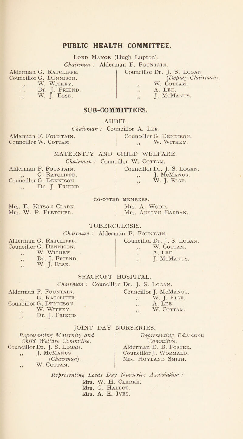 PUBLIC HEALTH COMMITTEE Lord Mayor (Hugh Lupton). Chairman : Alderman F. Fountain. Alderman G. Ratcliffe. Councillor G. Dennison. ,, W. WiTHEY. ,, Dr. J. Friend. ,, W. J. Else. Councillor Dr. J. S. Logan [D eputy-Chairman). ,, W. COTTAM. ,, A. Lee. ,, J. McManus. SUB-COMMITTEES. AUDIT. Chairman : Councillor A. Lee. Alderman F. Fountain. Councillor G. Dennison. Councillor W. Cottam. ,, W. Withey. MATERNITY AND CHILD WELFARE. Chairman : Alderman F. Fountain. ,, G. Ratcliffe. Councillor G. Dennison. ,, Dr. J. Friend. Councillor W. Cottam. Councillor Dr. J. S. Logan. ,, J. McManus. ,, W. J. Else. Mrs. E. Kitson Clark. Mrs. W. P. Fletcher. CO-OPTED MEMBERS. I Mrs. A. Wood. I Mrs. Austyn Barran. TUBERCULOSIS. Chairman : Alderman F. Fountain. Alderman G. Ratcliffe. Councillor G. Dennison. ,, W. Withey. ,, Dr. J. Friend. ,, W. J. Else. Councillor Dr. J. S. Logan. ,, W. Cottam. ,, A. Lee. ,, J. McManus. SEACROFT HOSPITAL. Chairman : Alderman F. Fountain. ,, G. Ratcliffe. Councillor G. Dennison. ,, W. Withey. ,, Dr. J. Friend. Councillor Dr. J. S. Logan. Councillor J. McManus. ,, W. J. Else. ,, A. Lee. ,, W. Cottam. JOINT DAY Representing Maternity and Child Welfare CommMtee. Councillor Dr. J. S. Logan. ,, J. McManus {Chairman). ,, W. Cottam. NURSERIES, Representing Education Committee. Alderman D. B. Foster. Councillor J. Wormald. Mrs. Hoyland Smith. Representing Leeds Day Nurseries Association : Mrs. W. H. Clarke. Mrs. G. Halbot. Mrs. A. E. Ives.