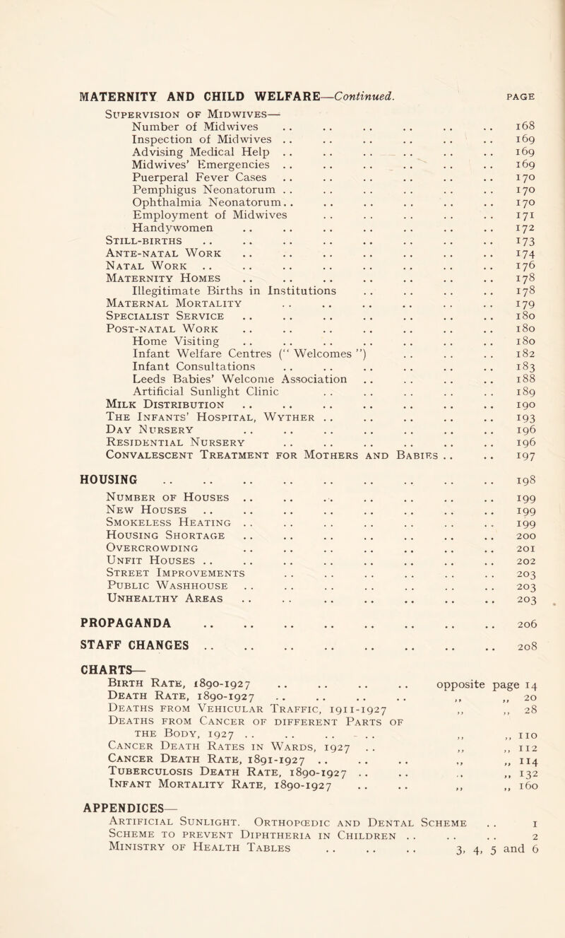 MATERNITY AND CHILD WELFARE—Continued. page Supervision of Midwives— Number of Midwives . . . . . . . . . . . . 168 Inspection of Mid wives .. . . . . . . . . . . 169 Advising Medical Help . . . . . . . . . . . . 169 Mid wives’ Emergencies . . . . . . . . . . . . 169 Puerperal Fever Cases .. .. .. .. .. .. 170 Pemphigus Neonatorum . . . . . . . . . . . . 170 Ophthalmia Neonatorum.. .. .. .. .. .. 170 Employment of Mid wives .. .. .. .. .. 171 Handywomen .. . . . . . . . . . . . . 172 Still-births .. .. .. .. .. .. .. .. 173 Ante-natal Work .. .. .. .. .. .. .. 174 Natal Work .. .. .. .. .. .. .. .. 176 Maternity Homes .. .. .. .. .. .. .. 178 Illegitimate Births in Institutions . . . . . . .. 178 Maternal Mortality .. .. .. .. .. .. 179 Specialist Service .. .. .. .. .. .. .. 180 Post-natal Work .. .. . . .. .. . . .. 180 Home Visiting . . . . . . . . . . . . . . 180 Infant Welfare Centres (“ Welcomes ”) . . . . . . 182 Infant Consultations .. .. .. .. .. .. 183 Leeds Babies’ Welcome Association .. . . . . . . 188 Artificial Sunlight Clinic . . . . . . . . . . 189 Milk Distribution .. .. .. .. .. .. .. 190 The Infants’ Hospital, Wyther .. .. .. .. .. 193 Day Nursery . . .. . . .. .. .. .. 196 Residential Nursery . . . . . . .. .. .. 196 Convalescent Treatment for Mothers and Babies .. .. 197 HOUSING . .. .. 198 Number of Houses .. .. . . .. .. .. .. 199 New Houses .. .. .. .. .. .. . . .. 199 Smokeless Heating . . . . . . . . . . . . . . 199 Housing Shortage .. .. .. .. . . .. .. 200 Overcrowding .. .. . . .. .. .. .. 201 Unfit Houses .. .. .. .. .. .. .. .. 202 Street Improvements . . . . . . . . . . . . 203 Public Washhouse . . . . . . . . . . . . . . 203 Unhealthy Areas .. . . .. .. .. .. .. 203 PROPAGANDA .206 STAFF CHANGES.208 CHARTS— Birth Rate, 1890-1927 Death Rate, 1890-1927. Deaths from Vehicular Traffic, 1911-1927 Deaths from Cancer of different Parts of the Body, 1927 . . . . . . - . . Cancer Death Rates in Wards, 1927 Cancer Death Rate, 1891-1927 .. Tuberculosis Death Rate, 1890-1927 .. Infant Mortality Rate, 1890-1927 APPENDICES— Artificial Sunlight. Orthopcedic and Dental Scheme . . 1 Scheme to prevent Diphtheria in Children Ministry of Health Tables . 3, 4, 5 and opposite page 14 20 28 no 112 114 132 160 O' K>