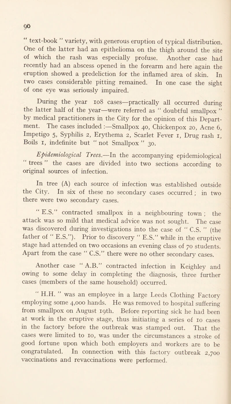 go  text-book ” variety, with generous eruption of typical distribution. One of the latter had an epithelioma on the thigh around the site of which the rash was especially profuse. Another case had recently had an abscess opened in the forearm and here again the eruption showed a predeliction for the inflamed area of skin. In two cases considerable pitting remained. In one case the sight of one eye was seriously impaired. During the year 108 cases—practically all occurred during the latter half of the year—were referred as “ doubtful smallpox ” by medical practitioners in the City for the opinion of this Depart¬ ment. The cases included :—Smallpox 40, Chickenpox 20, Acne 6, Impetigo 5, Syphilis 2, Erythema 2, Scarlet Fever 1, Drug rash 1, Boils 1, indefinite but “ not Smallpox ” 30. Epidemiological Trees.—In the accompanying epidemiological “ trees ” the cases are divided into two sections according to original sources of infection. In tree (A) each source of infection was established outside the City. In six of these no secondary cases occurred ; in two there were two secondary cases. “ E.S.” contracted smallpox in a neighbouring town ; the attack was so mild that medical advice was not sought. The case was discovered during investigations into the case of “ C.S. ” (the father of “ F.S.”). Prior to discovery <f E.S.” while in the eruptive stage had attended on two occasions an evening class of 70 students. Apart from the case “ C.S.” there were no other secondary cases. Another case “ A.B.” contracted infection in Keighley and owing to some delay in completing the diagnosis, three further cases (members of the same household) occurred. “ H.H. ” was an employee in a large Leeds Clothing Factory employing some 4,000 hands. He was removed to hospital suffering from smallpox on August 19th. Before reporting sick he had been at work in the eruptive stage, thus initiating a series of 10 cases in the factory before the outbreak was stamped out. That the cases were limited to 10, was under the circumstances a stroke of good fortune upon which both employers and workers are to be congratulated. In connection with this factory outbreak 2,700 vaccinations and re vaccinations were performed.