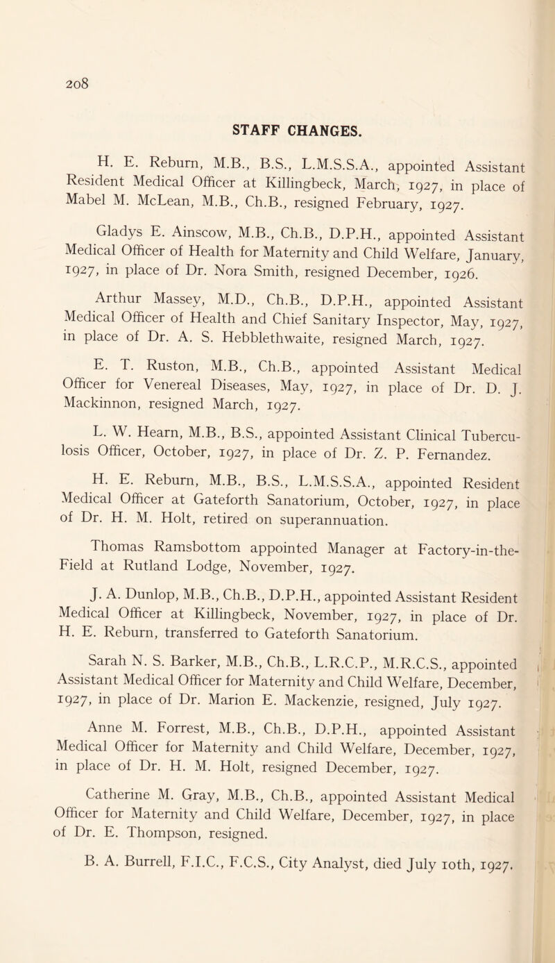 STAFF CHANGES. H. E. Reburn, M.B., B.S., L.M.S.S.A., appointed Assistant Resident Medical Officer at Killingbeck, March, 1927, in place of Mabel M. McLean, M.B., Ch.B., resigned February, 1927. Gladys E. Ainscow, M.B., Ch.B., D.P.H., appointed Assistant Medical Officer of Health for Maternity and Child Welfare, January, 1927, in place of Dr. Nora Smith, resigned December, 1926. Arthur Massey, M.D., Ch.B., D.P.H., appointed Assistant Medical Officer of Health and Chief Sanitary Inspector, May, 1927, in place of Dr. A. S. Hebblethwaite, resigned March, 1927. E. T. Ruston, M.B., Ch.B., appointed Assistant Medical Officer for Venereal Diseases, May, 1927, in place of Dr. D. J. Mackinnon, resigned March, 1927. L. W. Hearn, M.B., B.S., appointed Assistant Clinical Tubercu¬ losis Officer, October, 1927, in place of Dr. Z. P. Fernandez. H. E. Reburn, M.B., B.S., L.M.S.S.A., appointed Resident Medical Officer at Gateforth Sanatorium, October, 1927, in place of Dr. H. M. Holt, retired on superannuation. Thomas Ramsbottom appointed Manager at Factory-in-the- Field at Rutland Lodge, November, 1927. J. A. Dunlop, M.B., Ch.B., D.P.H., appointed Assistant Resident Medical Officer at Killingbeck, November, 1927, in place of Dr. H. E. Reburn, transferred to Gateforth Sanatorium. Sarah N. S. Barker, M.B., Ch.B., L.R.C.P., M.R.C.S., appointed Assistant Medical Officer for Maternity and Child Welfare, December, J927, place of Dr. Marion E. Mackenzie, resigned, July 1927. Anne M. Forrest, M.B., Ch.B., D.P.H., appointed Assistant Medical Officer for Maternity and Child Welfare, December, 1927, in place of Dr. H. M. Holt, resigned December, 1927. Catherine M. Gray, M.B., Ch.B., appointed Assistant Medical Officer for Maternity and Child Welfare, December, 1927, in place of Dr. E. Thompson, resigned. B. A. Burrell, F.I.C., F.C.S., City Analyst, died July 10th, 1927.