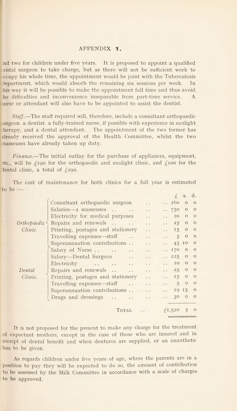 nd two for children under five years. It is proposed to appoint a qualified ental surgeon to take charge, but as there will not be sufficient work to ccupy his whole time, the appointment would be joint with the Tuberculosis )epartment, which would absorb the remaining six sessions per week. In his way it will be possible to make the appointment full time and thus avoid he difficulties and inconvenience inseparable from part-time service. A mrse or attendant will also have to be appointed to assist the dentist. Staff.—The staff required will, therefore, include a consultant orthopaedic urgeon. a dentist, a fully-trained nurse, if possible with experience in sunlight .herapy, and a dental attendant. The appointment of the two former has ilready received the approval of the Health Committee, whilst the two nasseuses have already taken up duty. Finance.—The initial outlay for the purchase of appliances, equipment, ate., will be £190 for the orthopaedic and sunlight clinic, and £100 for the dental clinic, a total of ^290. The cost of maintenance for both clinics for a full year is estimated to be :— £ s. d. Consultant orthopaedic surgeon .. 160 0 0 Salaries—2 masseuses . . • • 750 0 0 Electricity for medical purposes 20 0 0 Orthopaedic■{ Repairs and renewals . . • • 25 0 0 Clinic Printing, postages and stationery . • 15 0 0 Travelling expenses—staff 5 0 0 Superannuation contributions . . • • 45 10 0 Salary of Nurse . . .. 170 0 0 Salary—Dental Surgeon . • 225 0 0 Electricity 10 0 0 Dental Repairs and renewals . . • • 25 0 0 Clinic. Printing, postages and stationery • • 15 0 0 Travelling expenses—staff 5 0 0 Superannuation contributions . . .. 19 15 0 Drugs and dressings .. 30 0 0 Total ^T520 5 0 It is not proposed for the present to make any charge for the treatment of expectant mothers, except in the case of those who are insured and in receipt of dental benefit and when dentures are supplied, or an anaesthetic has to be given. As regards children under five years of age, where the parents are in a position to pay they will be expected to do so, the amount of contribution to be assessed by the Milk Committee in accordance with a scale of charges to be approved.