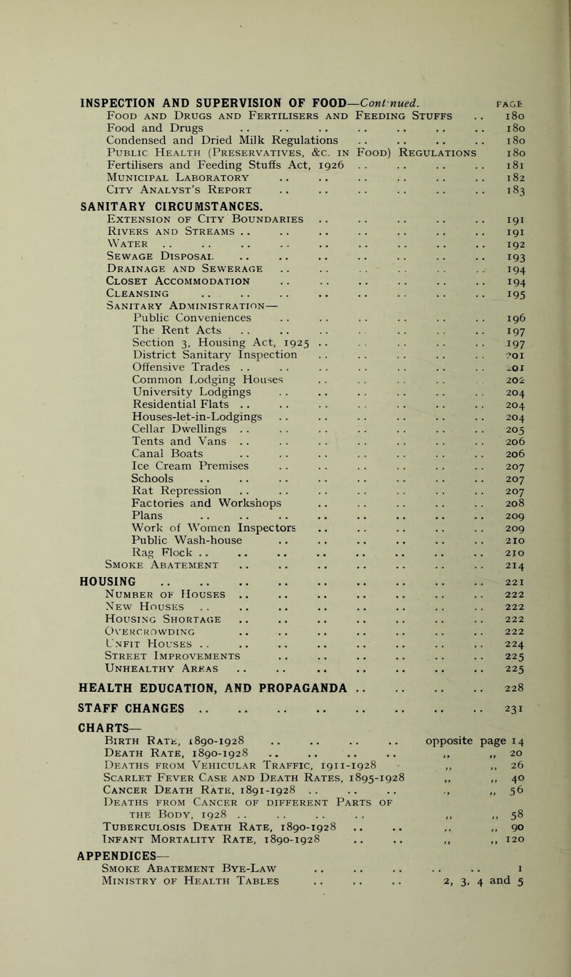 INSPECTION AND SUPERVISION OF FOOD—Cont nued. face Food and Drugs and Fertilisers and Feeding Stuffs .. 180 Food and Drugs . . . . .. . . .. .. .. 180 Condensed and Dried Milk Regulations .. .. .. .. 180 Public Health (Preservatives, &c. in Food) Regulations 180 Fertilisers and Feeding Stuffs Act, 1926 .. .. .. .. 181 Municipal Laboratory .. .. .. .. .. .. 182 City Analyst’s Report .. .. .. .. .. .. 183 SANITARY CIRCUMSTANCES. Extension of City Boundaries .. .. .. .. .. 191 Rivers and Streams .. .. .. .. .. .. .. 191 Water .. .. .. . . .. .. .. .. .. 192 Sewage Disposai. .. .. .. .. .. .. .. 193 Drainage and Sewerage . . . . . . 194 Closet Accommodation .. . . .. .. .. .. 194 Cleansing .. .. .. .. .. .. .. .. 195 Sanitary Administration— Public Conveniences . . . . . . . . . . . . 196 The Rent Acts .. .. . . . . . . 197 Section 3, Housing Act, 1925 . . . . . . . . 197 District Sanitary Inspection . . . . . . . . . . ?oi Offensive Trades . . . . . . . . . . . . . . 201 Common Lodging Houses . . . . . . . . 202 University Lodgings . . .. . . . . . . . . 204 Residential Flats .. . . . . . . . . . . . . 204 Houses-let-in-Lodgings . . . . . . . . . . . . 204 Cellar Dwellings . . . . . . . . . . . . . . 205 Tents and Vans . . . . . . . . .. . . . . 206 Canal Boats . . . . . . . . . . . . . . 206 Ice Cream Premises . . . . . . . . . . . . 207 Schools .. .. . . .. . . . . . . . . 207 Rat Repression .. . . . . . . . . . . . . 207 Factories and Workshops .. .. . . . . . . 208 Plans .. . . . . .. .. .. .. .. 209 Work of Women Inspectors .. .. .. .. . . 209 Public Wash-house .. .. .. .. .. .. 210 Rag Flock .. .. .. .. .. .. .. .. 210 Smoke Abatement .. .. .. .. .. .. .. 214 HOUSING .221 Number of Houses .. .. .. .. .. .. .. 222 New Houses .. .. .. .. .. .. .. .. 222 Housing Shortage .. .. .. .. .. .. .. 222 Overcrowding .. .. .. .. .. .. .. 222 Unfit Houses .. .. .. .. .. .. .. .. 224 Street Improvements .. .. .. .. .. .. 225 Unhealthy Areas .. .. .. .. .. .. .. 225 HEALTH EDUCATION, AND PROPAGANDA.228 STAFF CHANGES.231 CHARTS— Birth Rate, 1890-1928 Death Rate, 1890-1928 Deaths from Vehicular Traffic, 1911-1928 Scarlet Fever Case and Death Rates, 1895-1928 Cancer Death Rate, 1891-1928 .. Deaths from Cancer of different Parts of the Body, 1928 Tuberculosis Death Rate, 1890-1928 Infant Mortality Rate, 1890-1928 APPENDICES— Smoke Abatement Bye-Law Ministry of Health Tables opposite page 14 ,, ,, 20 ,, .. 2& „ „ 40 » 56 » 58 „ 90 .. 120 2, 3, 4 and 5