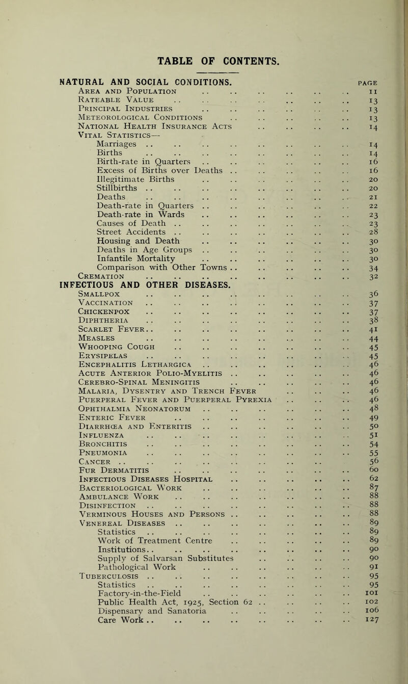 TABLE OF CONTENTS NATURAL AND SOCIAL CONDITIONS. page Area and Population .. .. .. .. .. .. n Rateable Value . . . . .. .. . . .. 13 Principal Industries .. .. .. .. . . .. 13 Meteorological Conditions . . . . .. . . . . 13 National Health Insurance Acts . . .. . . .. 14 Vital Statistics—- Marriages . . .. . . . . . . . . . . . . 14 Births .. .. . . . . .. . . . . . . 14 Birth-rate in Quarters .. .. .. .. .. .. 16 Excess of Births over Deaths .. . . . . . . . . 16 Illegitimate Births .. . . . . . . . . . . 20 Stillbirths .. . . .. . . .. .. .. .. 20 Deaths .. .. .. .. .. .. .. .. 21 Death-rate in Quarters .. . . . . . . . . . . 22 Death-rate in Wards .. .. .. .. . . . . 23 Causes of Death .. .. . . . . . . . . . . 23 Street Accidents . . . . . . . . .. . . . . 28 Housing and Death . . .. .. .. .. .. 30 Deaths in Age Groups . . . . .. . . . . . . 30 Infantile Mortality .. .. .. . . . . .. 30 Comparison with Other Towns .. . . .. .. . . 34 Cremation .. .. .. .. .. .. .. .. 32 INFECTIOUS AND OTHER DISEASES. Smallpox .. .. .. .. .. . . .. .. 36 Vaccination .. .. .. . . .. .. .. .. 37 Chickenpox .. .. .. .. .. .. .. .. 37 Diphtheria .. .. .. . . . . . . . . .. 38 Scarlet Fever.. .. .. .. .. .. .. .. 41 Measles .. .. .. .. .. .. . . .. 44 Whooping Cough .. .. .. .. .. .. .. 45 Erysipelas .. .. .. . . .. .. .. 45 Encephalitis Lethargica . . .. .. .. .. 46 Acute Anterior Polio-Myelitis .. .. .. .. .. 46 Cerebro-Spinal Meningitis .. .. .. .. .. 46 Malaria, Dysentry and Trench Fever .. .. .. 46 Puerperal Fever and Puerperal Pyrexia .. .. .. 46 Ophthalmia Neonatorum .. .. .. .. .. .. 48 Enteric Fever .. .. .. .. .. .. .. 49 Diarrhcea and Enteritis .. .. .. .. .. .. 50 Influenza .. .. .. .. .. .. .. 51 Bronchitis .. .. .. .. .. .. .. .. 54 Pneumonia .. .. .. .. .. .. .. .. 55 Cancer .. .. .. .. .. .. .. .. 56 Fur Dermatitis .. .. .. .. .. .. .. 60 Infectious Diseases Hospital .. .. .. .. .. 62 Bacteriological Work .. .. .. .. .. .. 87 Ambulance Work .. .. .. .. .. .. .. 88 Disinfection .. .. .. .. .. .. .. .. 88 Verminous Houses and Persons .. .. .. .. .. 88 Venereal Diseases .. .. .. .. .. .. .. 89 Statistics .. .. . . .. .. .. .. .. 89 Work of Treatment Centre .. .. . . .. .. 89 Institutions. . .. . . .. .. .. .. . . 9° Supply of Salvarsan Substitutes . . . . .. . . 9® Pathological Work . . . . .. . . .. . . 91 Tuberculosis .. .. .. .. .. .. .. . ■ 95 Statistics .. . . .. . . . . . . . . . ■ 95 Factory-in-the-Field . . . . . . . . .. .. 101 Public Health Act, 1925, Section 62 . . . . . . . . 102 Dispensary and Sanatoria . . . . . . . . . • 106 Care Work.. .. .. .. .. .. .. •• i27